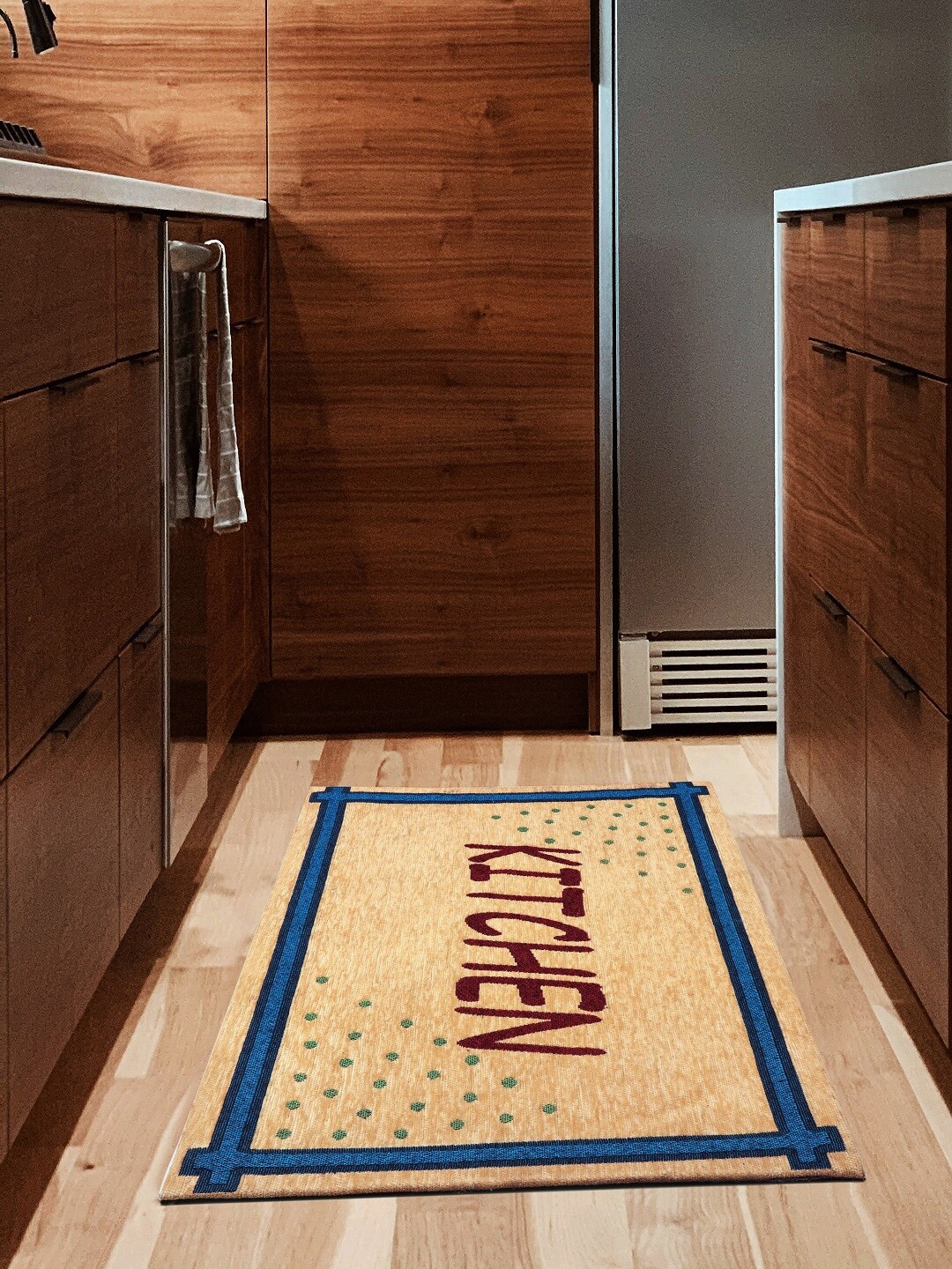 BELLA TRUE Beige & Blue Printed Anti-Skid Doormats