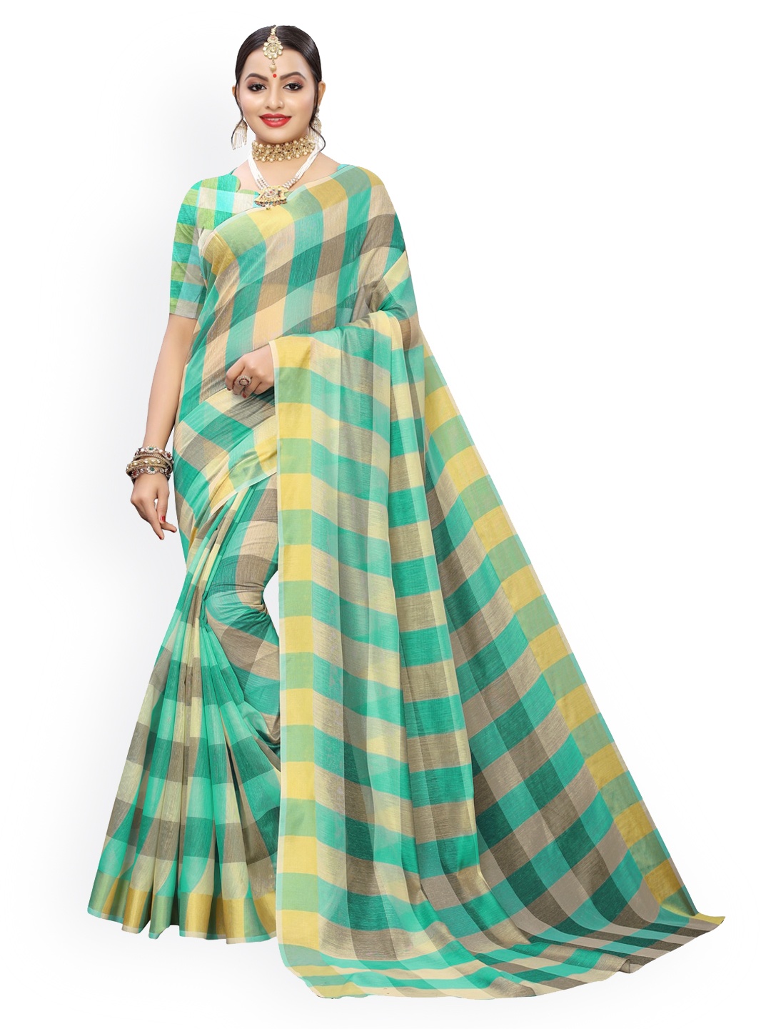 

KALINI Beige & Green Silk Blend Checked Kanjeevaram Saree