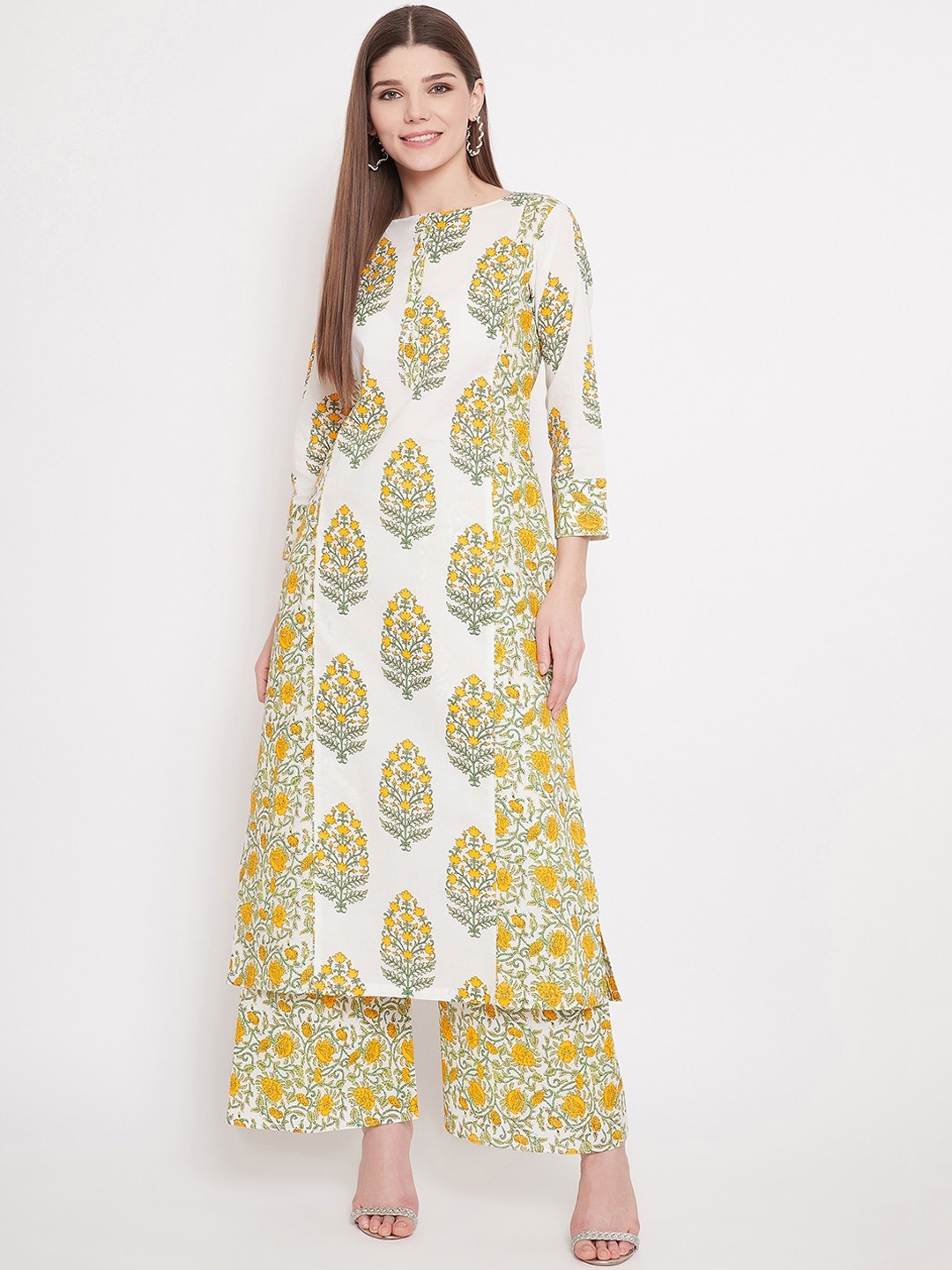 

Tissu Women White & Green Printed Kurta with Palazzos