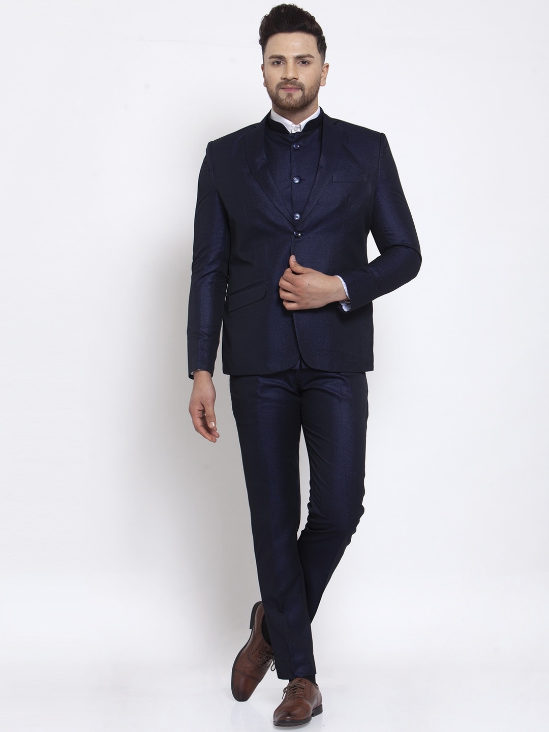 

Wintage Men Navy Blue Solid Single-Breasted Formal Suit