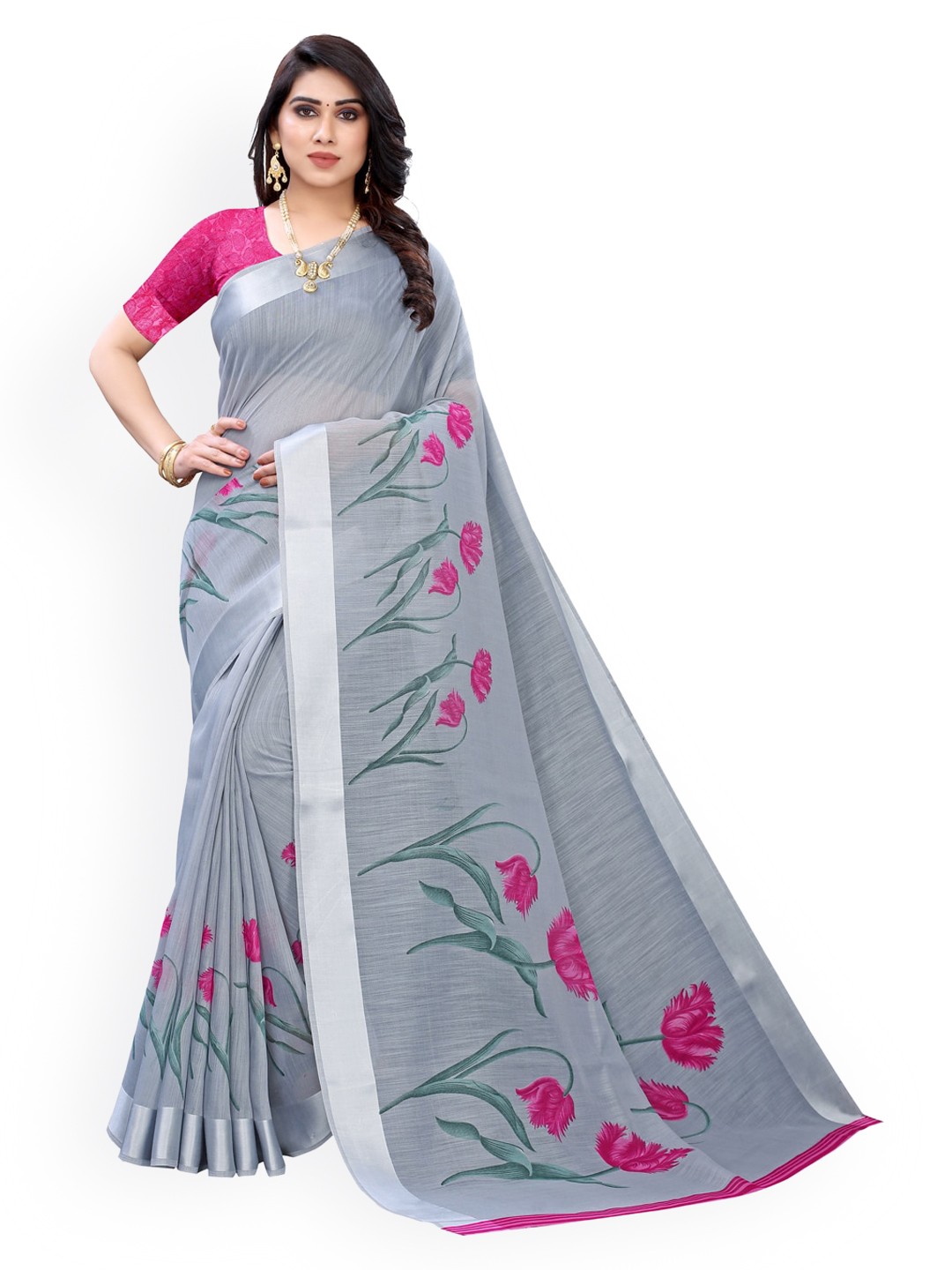 

KALINI Grey Printed Polycotton Saree