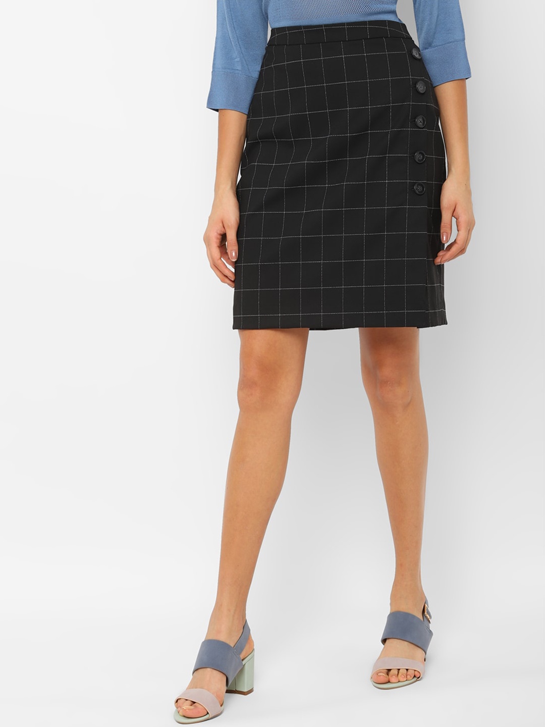 

Allen Solly Woman Black & White Checked Straight Knee-Length Skirt