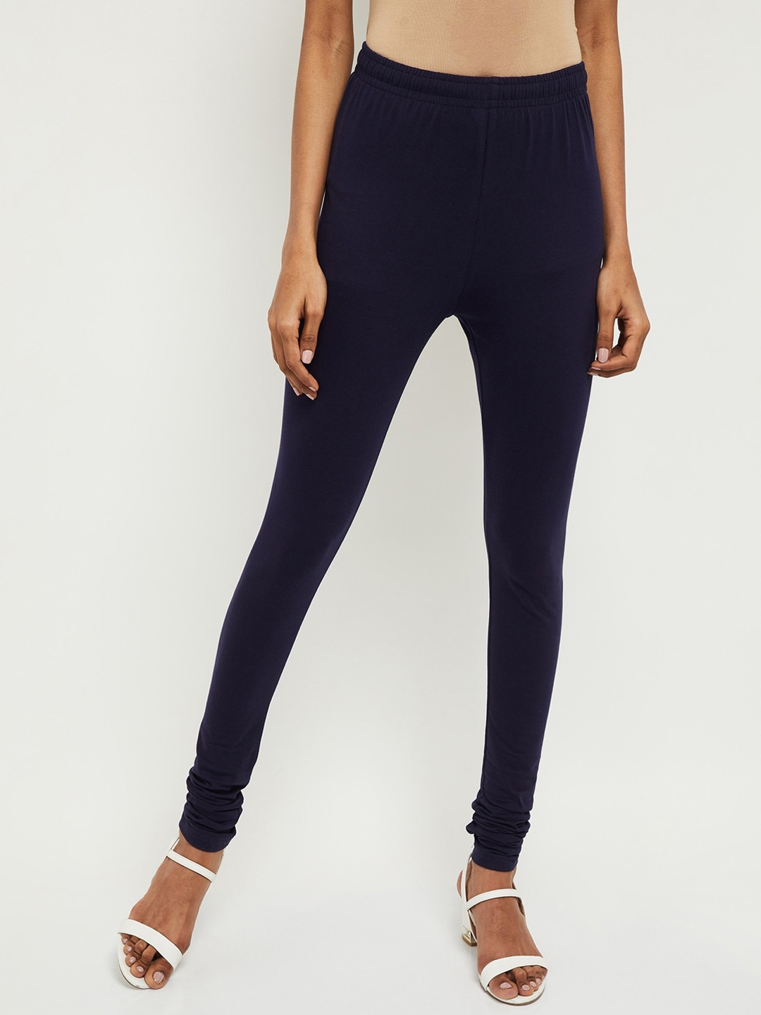 max Women Navy Blue Solid Churidar-Length Leggings