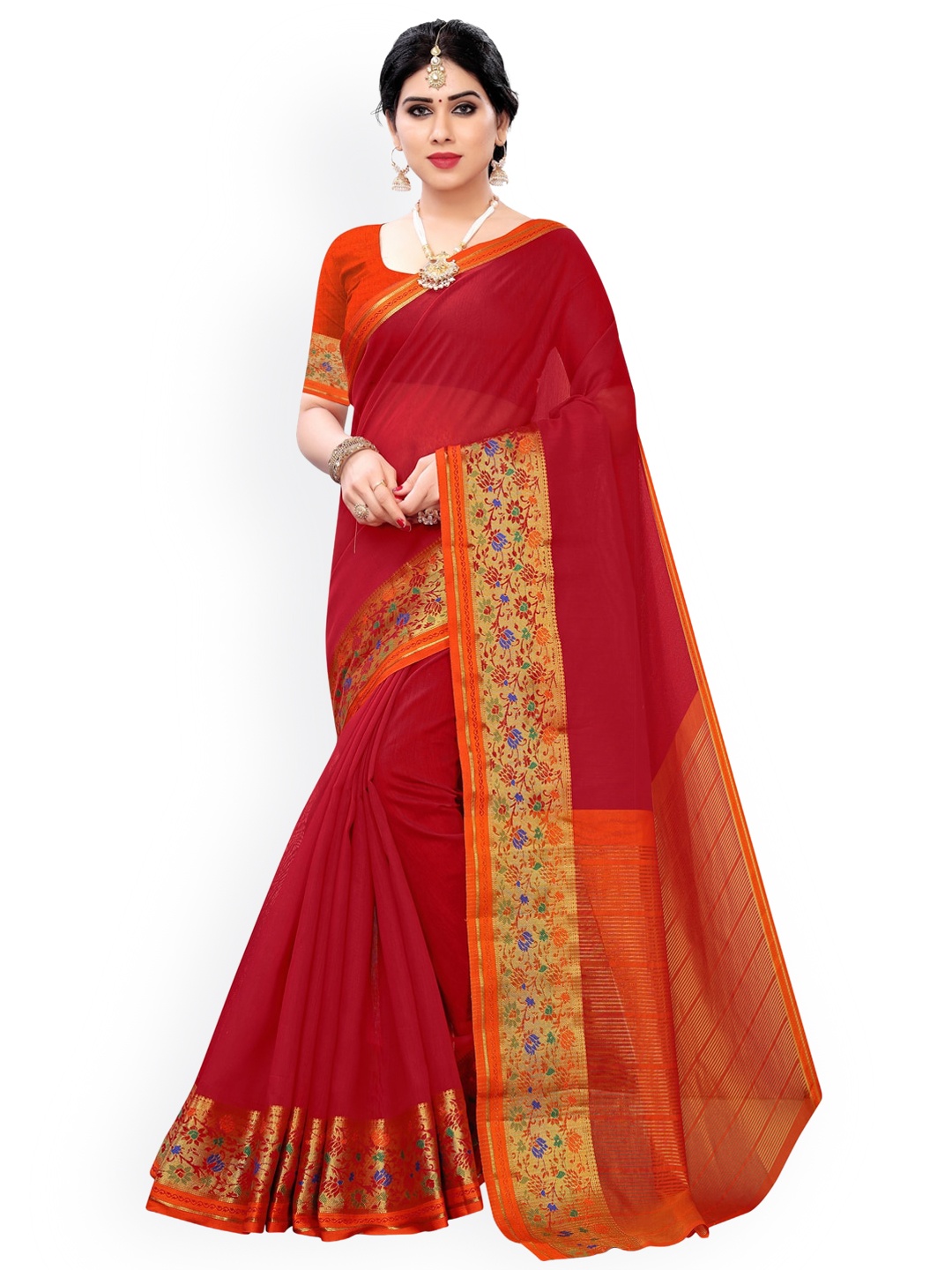 

KALINI Red & Gold-Toned Cotton Blend Solid Saree