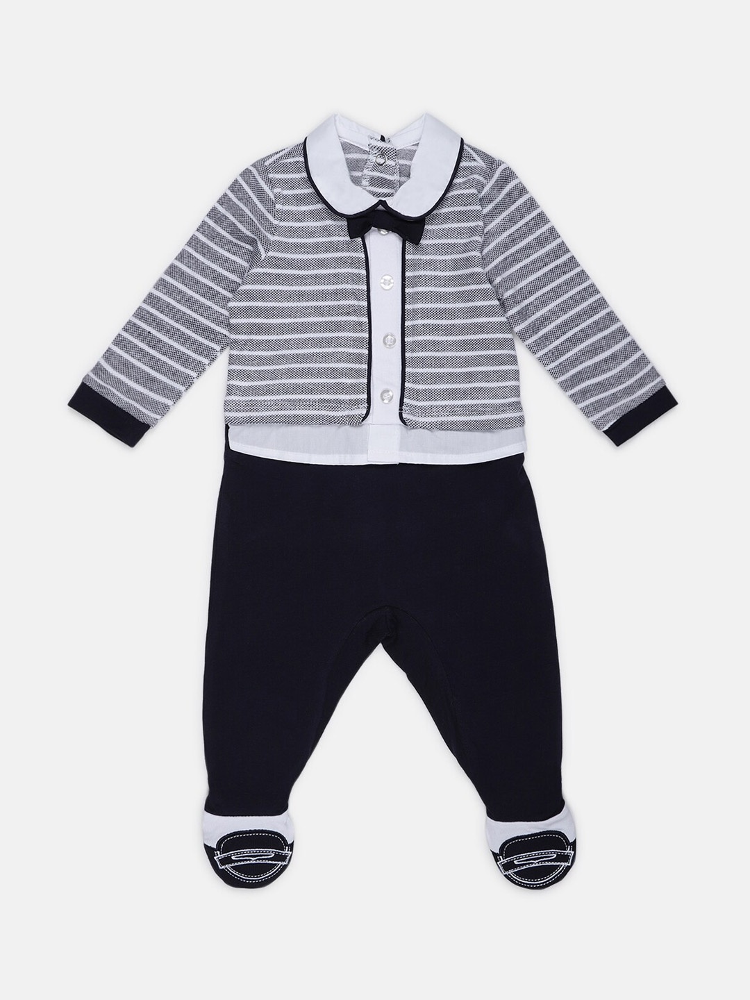 

Chicco Infant Boys White & Grey Striped Nappy Opening Sleepsuit