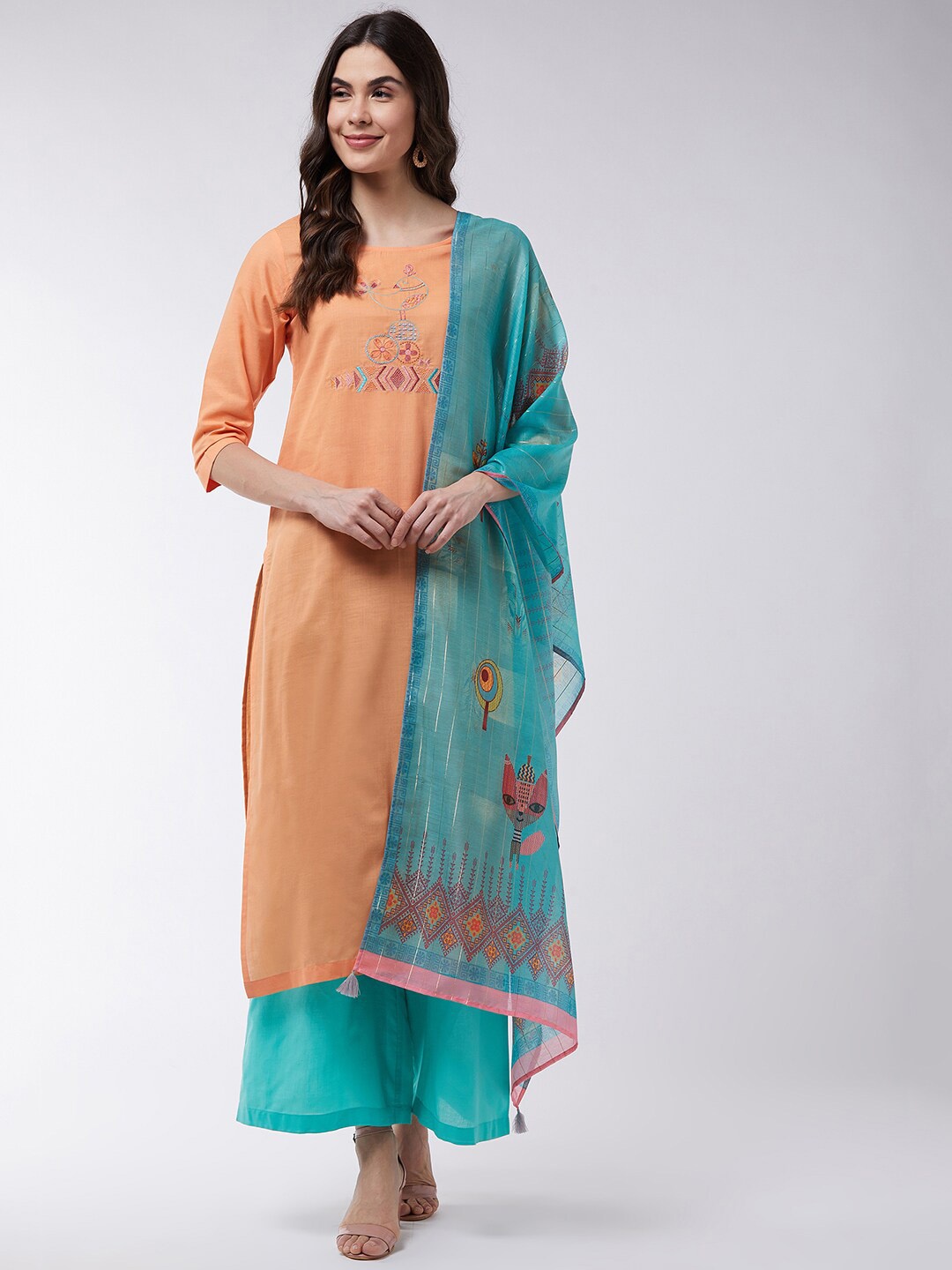 

Pannkh Women Orange & Blue Embroidered Kurta with Palazzos & Dupatta