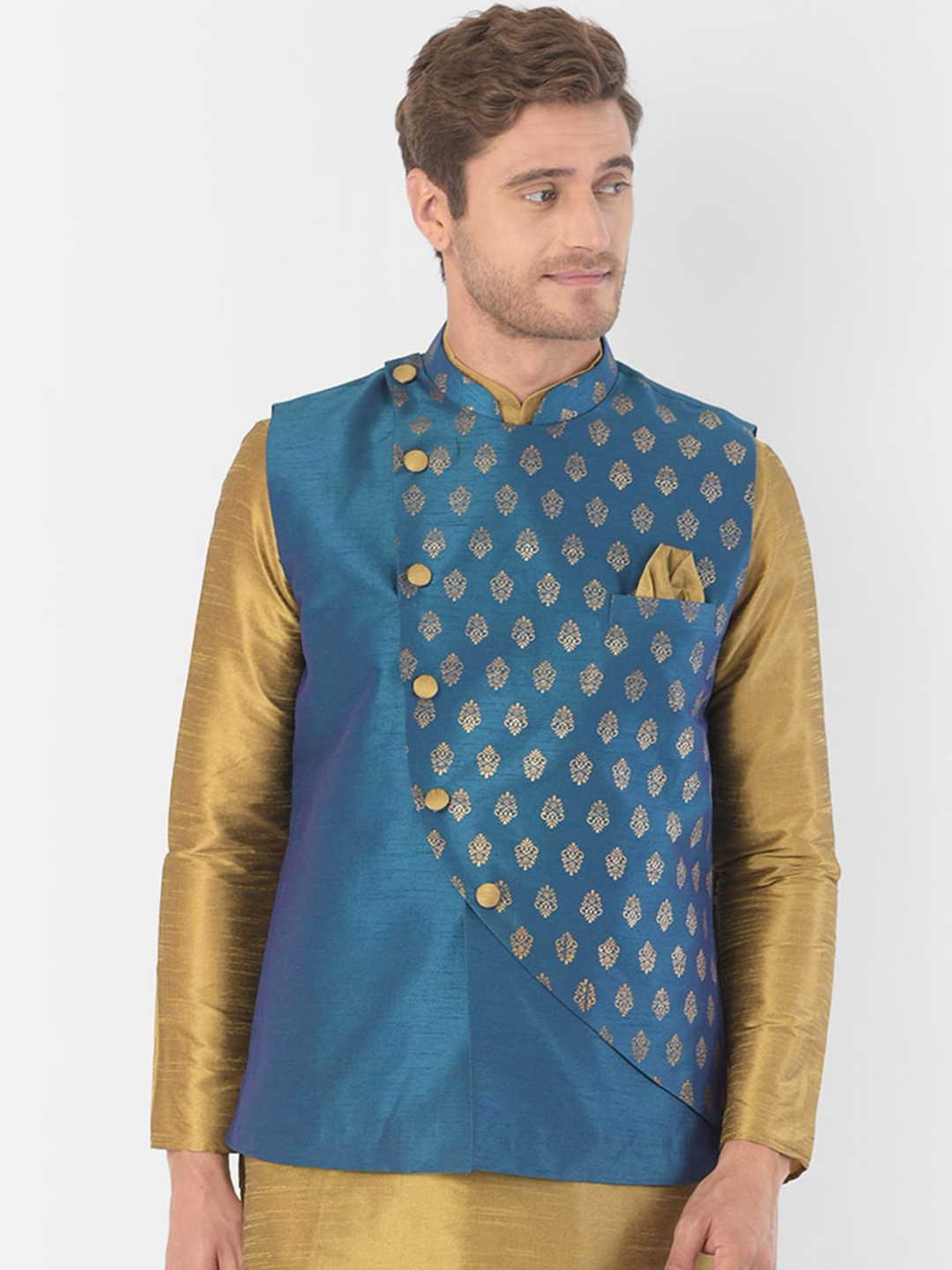 

DEYANN Men Blue & Gold-Coloured Woven Design Nehru Jacket