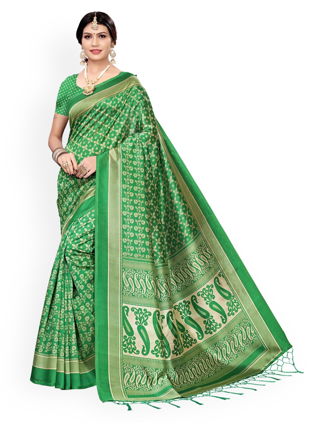 

KALINI Green & Gold-Toned Poly Silk Printed Saree
