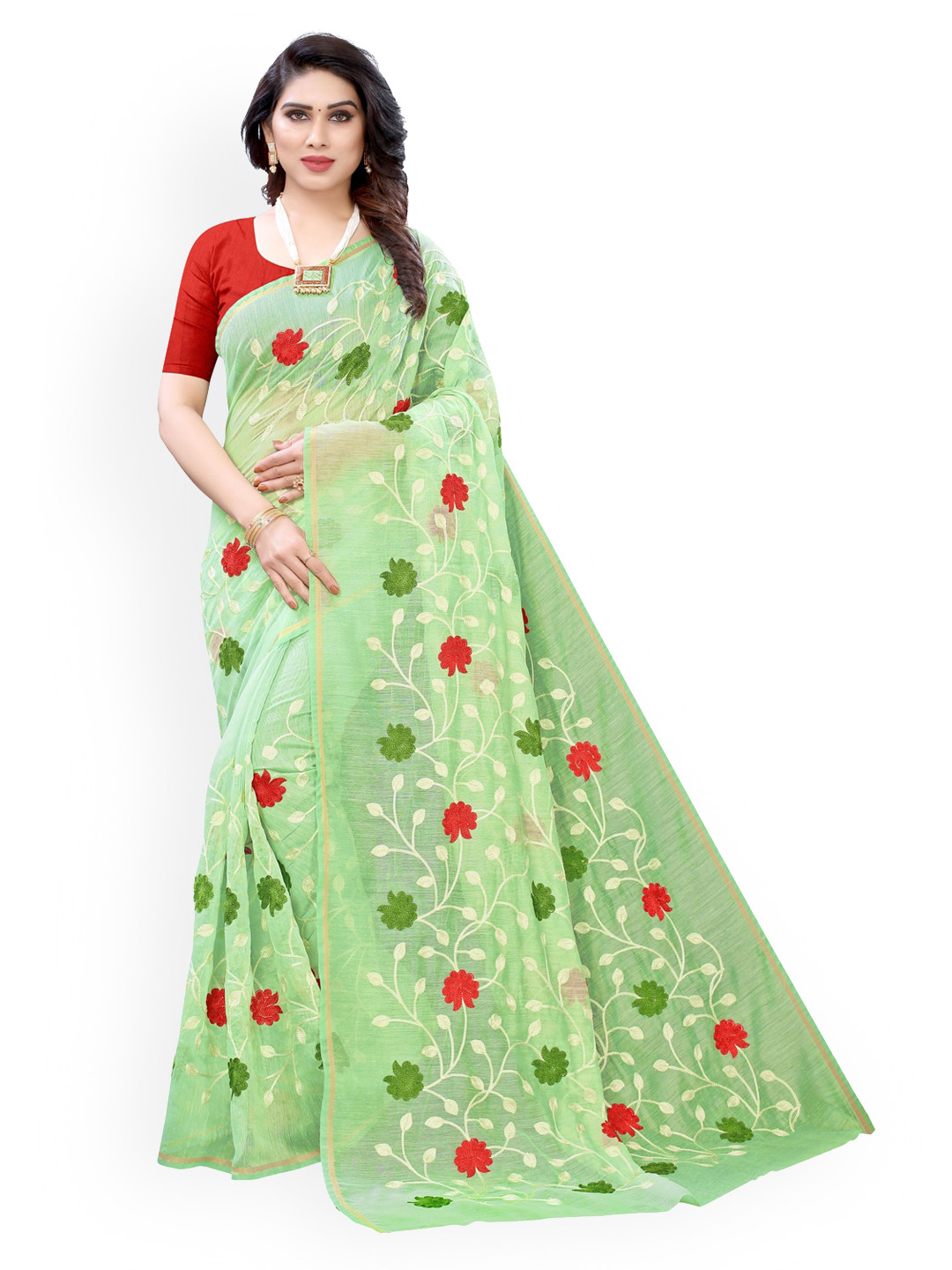 

KALINI Green Embroidered Polycotton Saree
