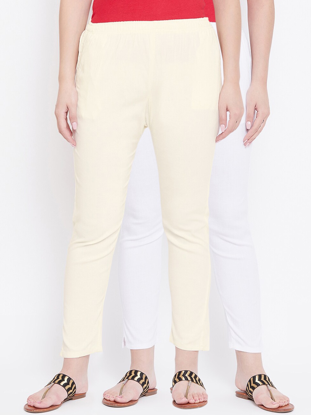 

Castle Women Pack of 2 White & Off-White Regular Fit Solid Trousers