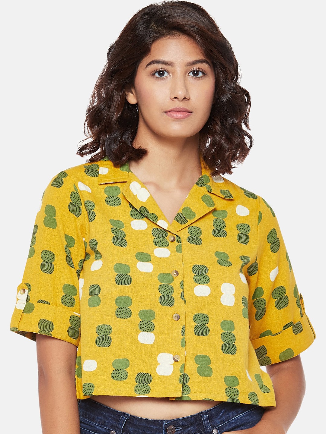 

People Yellow Printed Shirt Style Crop Top