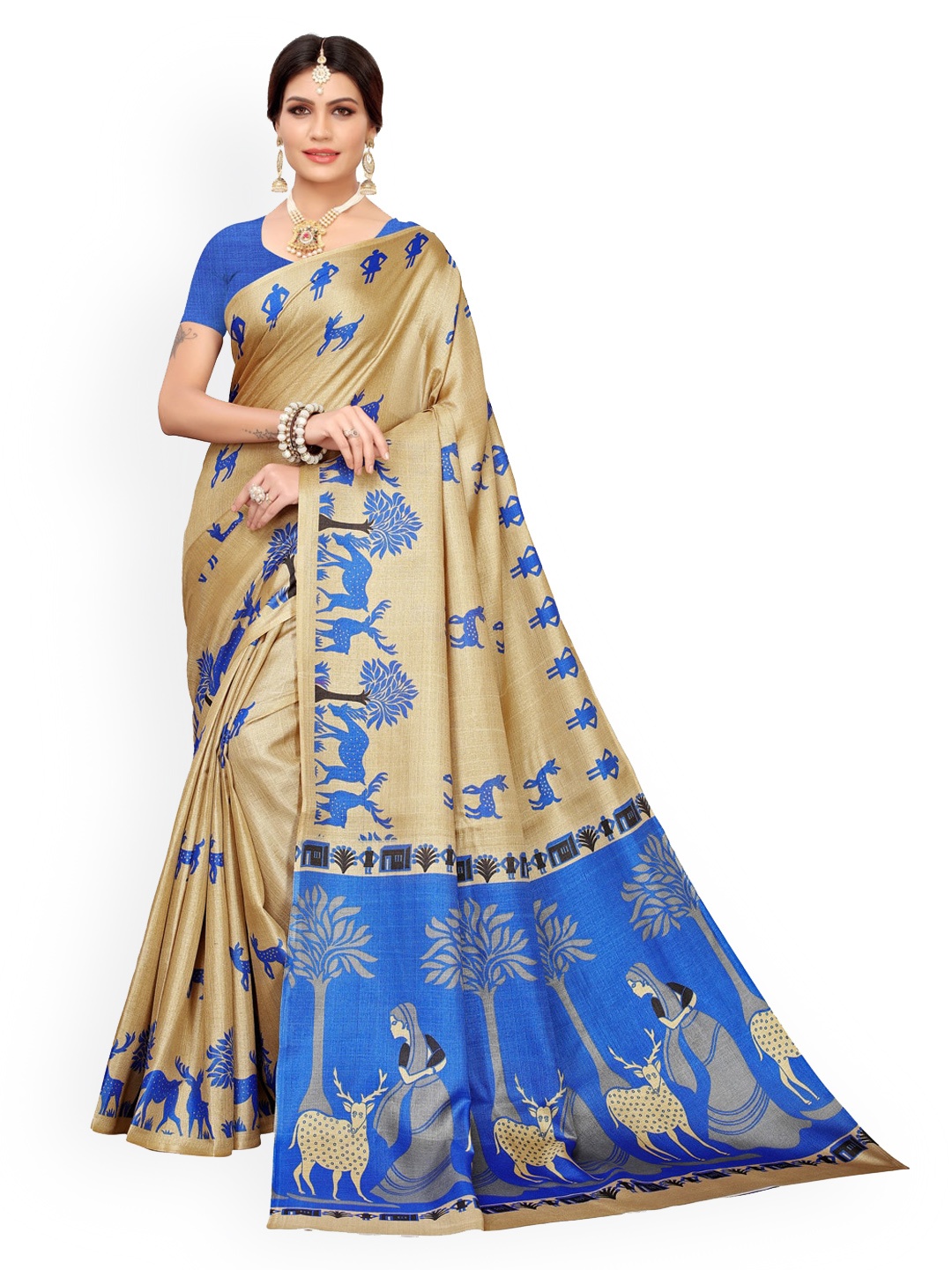 

KALINI Blue & Beige Silk Blend Printed Khadi Saree