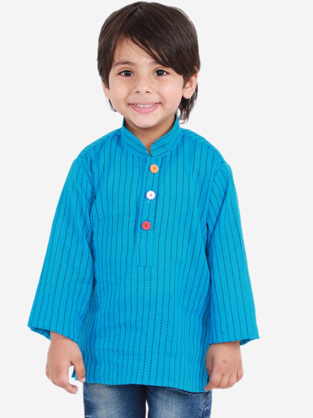 

KID1 Boys Blue Striped Thread Work Flower Button Handloom Kurta