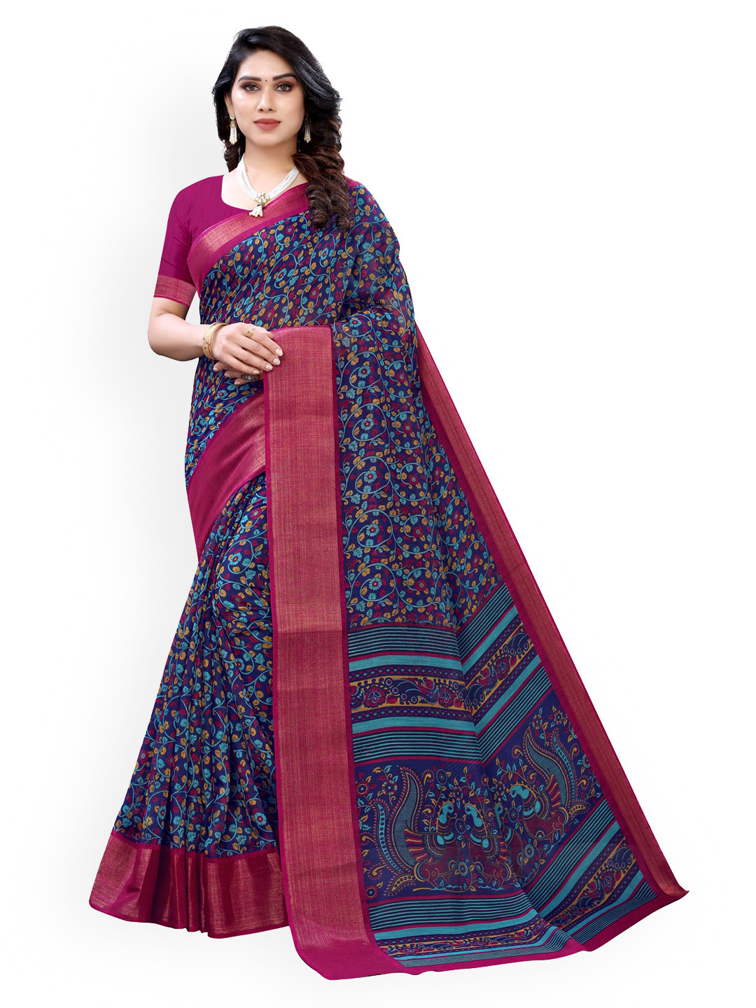 

KALINI Navy Blue Printed Polycotton Saree