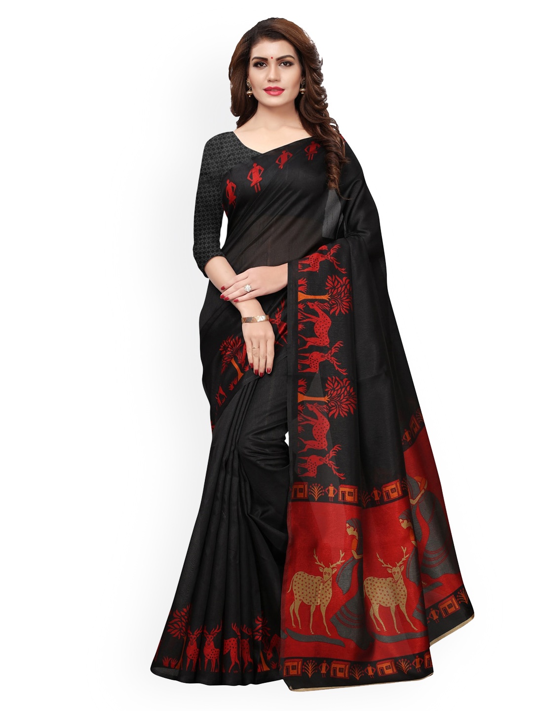

KALINI Black & Red Art Silk Solid Pochampally Saree