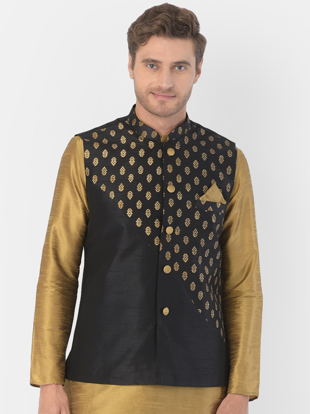 

DEYANN PLUS Men Black & Gold-Coloured Printed Woven Nehru Jacket
