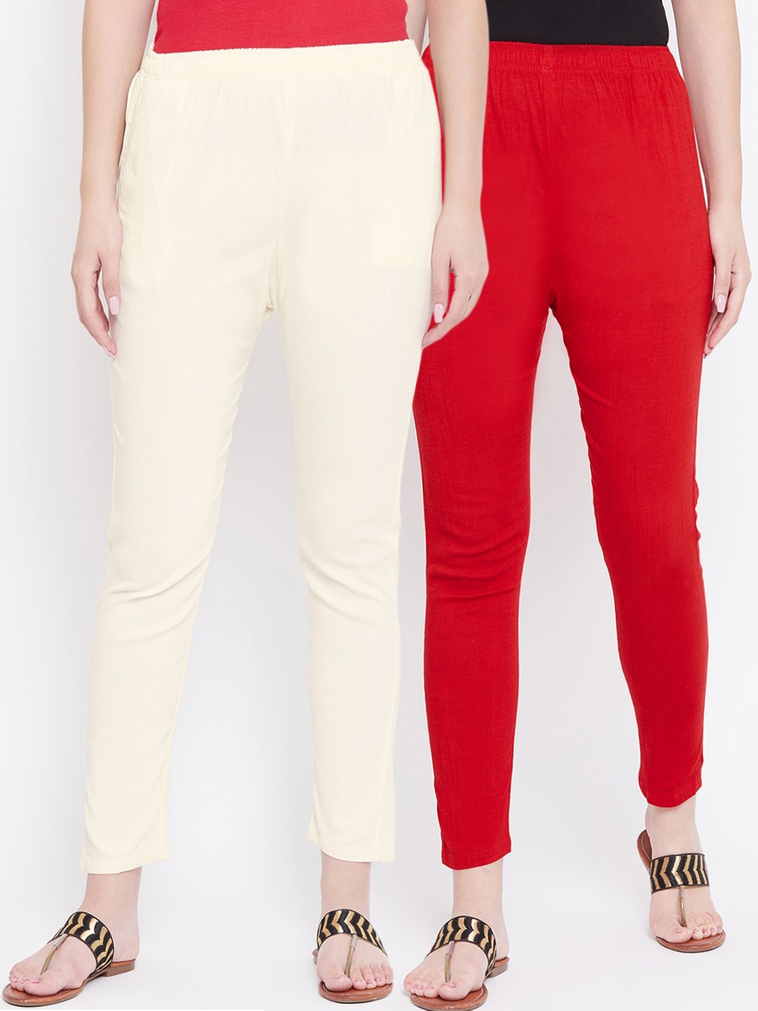 

Castle Women Pack of 2 Off-White & Red Regular Fit Solid Trousers