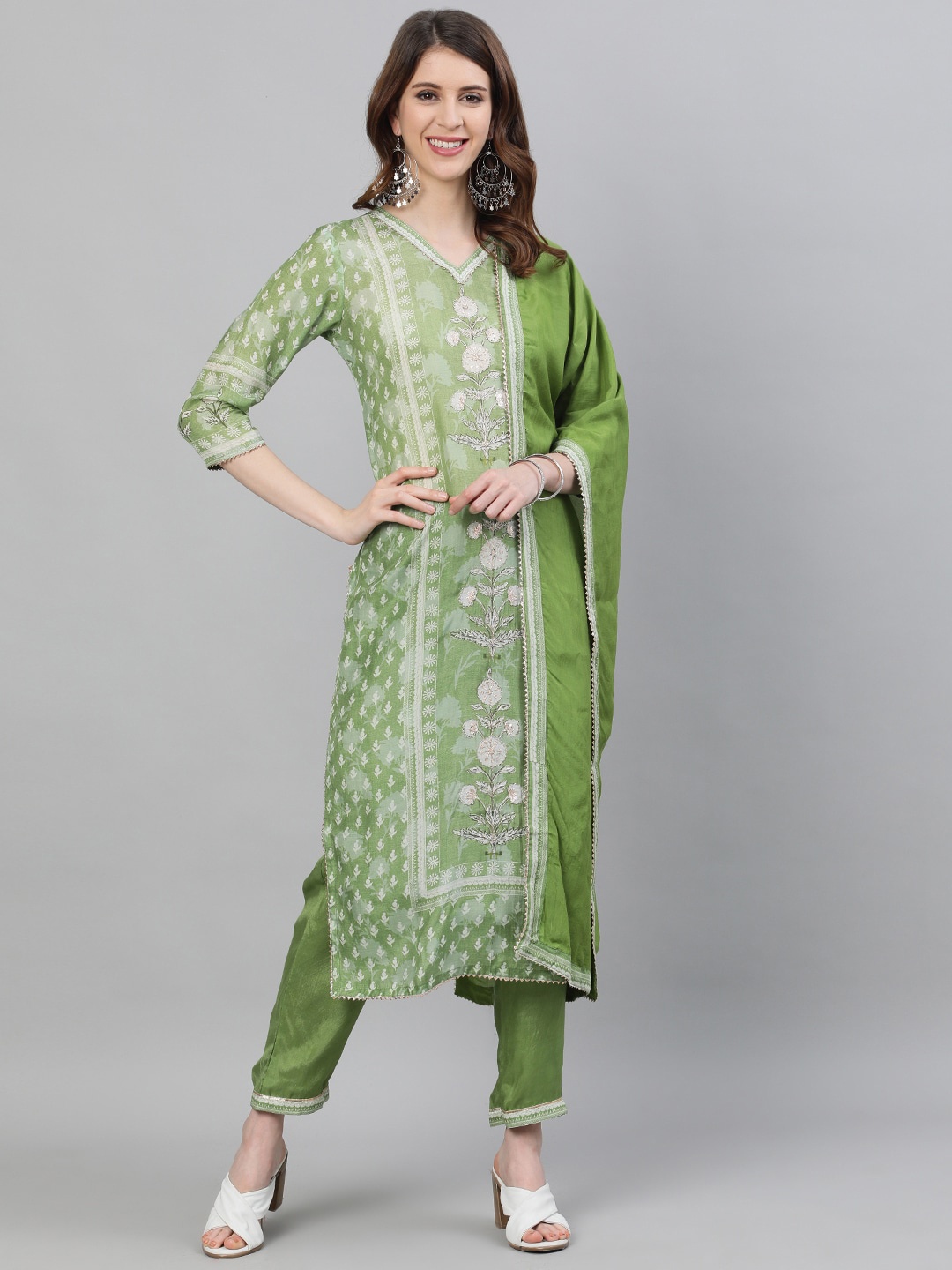 Ishin Women Green Printed Gota Patti Kurta with Trousers & Dupatta