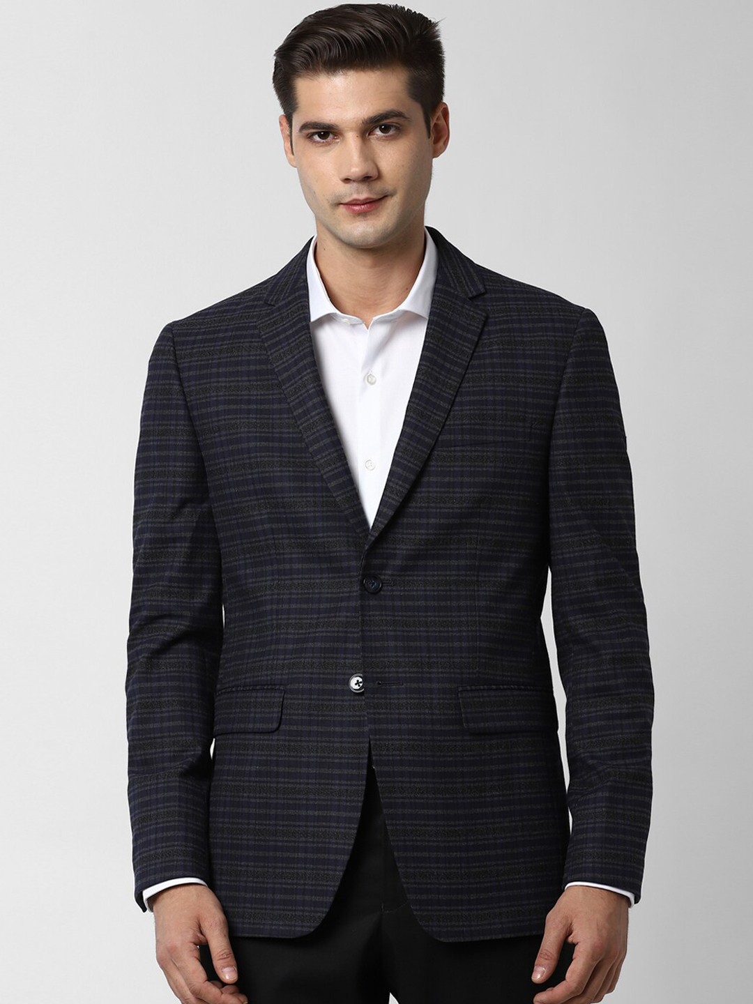 

Peter England Elite Men Navy Blue & Black Self-Design Slim-Fit Single-Breasted Blazer, Charcoal