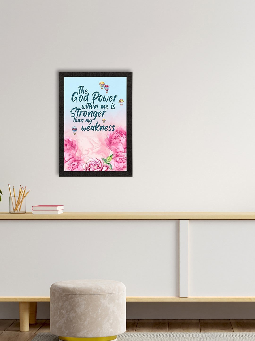 eCraftIndia Blue & Pink Motivational Quote & Floral Satin Matte Texture UV Wall Painting