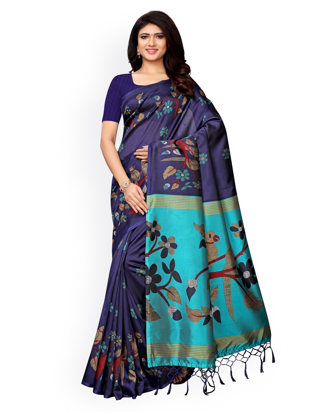 

KALINI Navy Blue & Beige Poly Silk Printed Saree