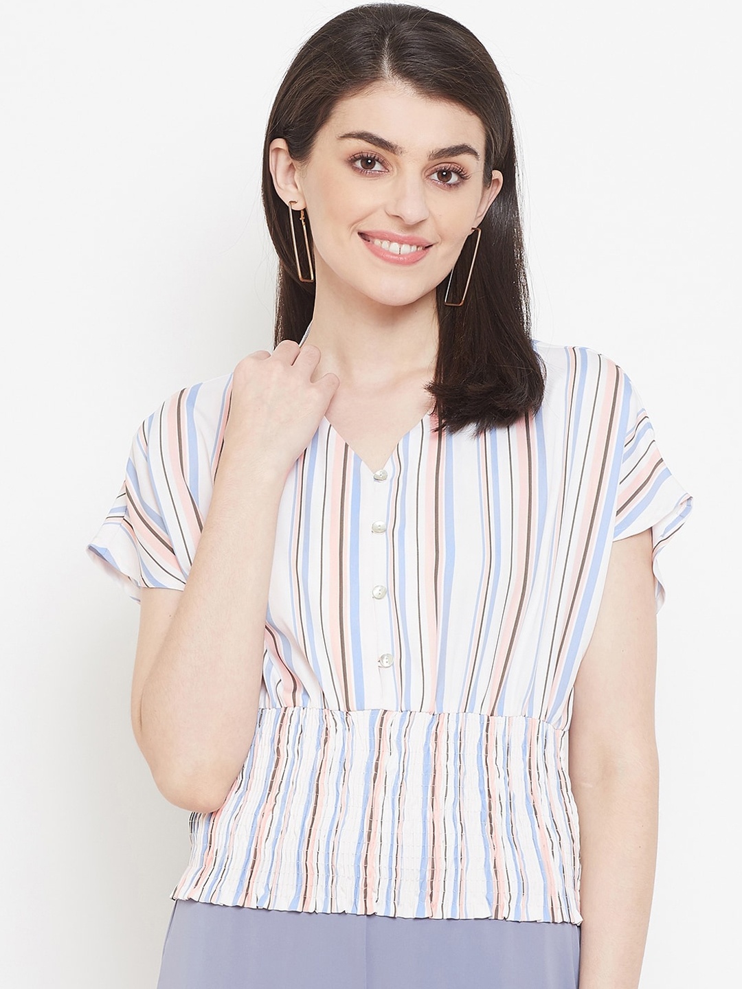 

Madame White & Blue Striped Cinched Waist Top
