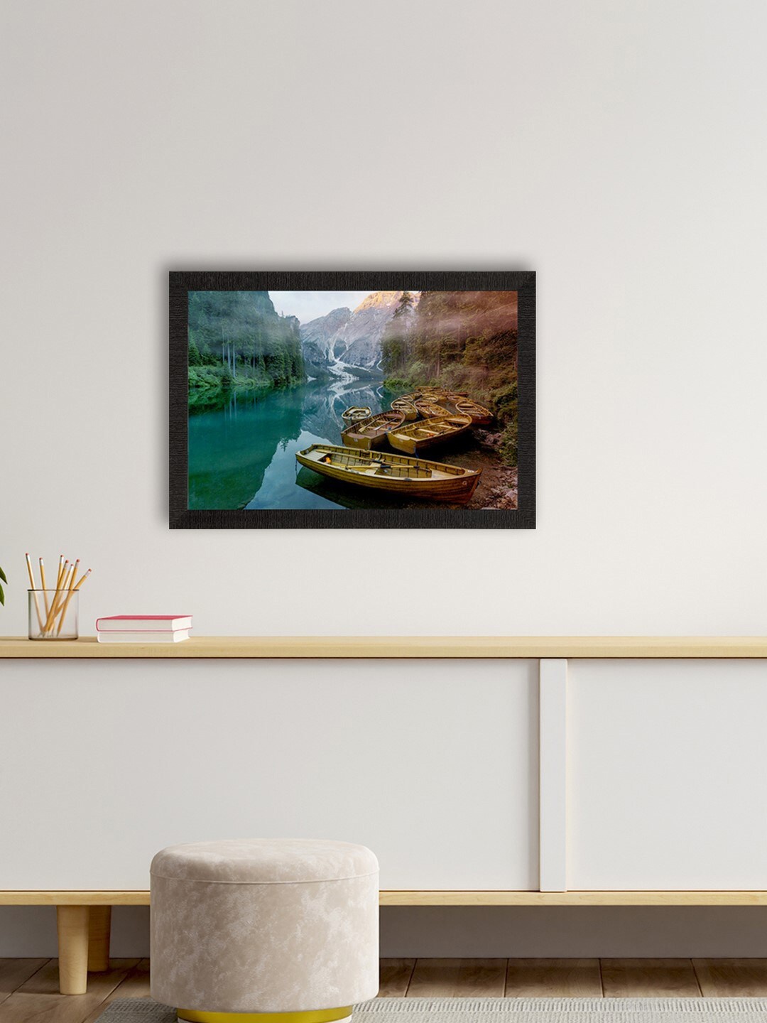 

eCraftIndia Green & Brown Splendid River Between Mountains View Satin Matte Texture UV Wall Painting