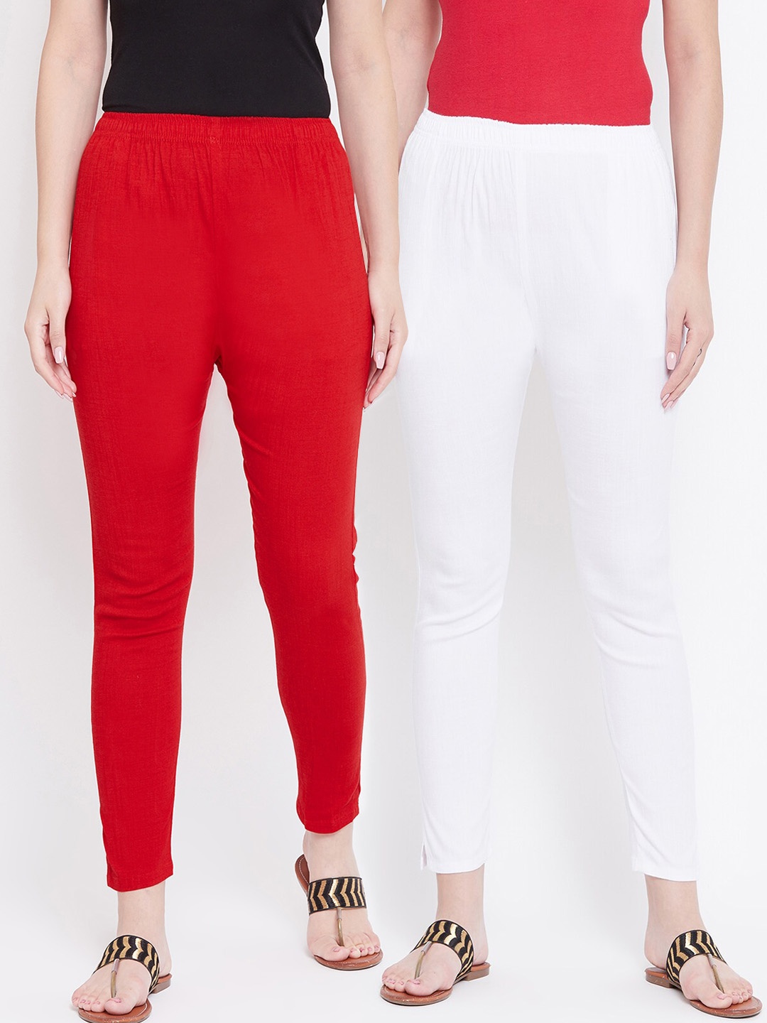 Castle Women Pack of 2 White & Red Regular Fit Solid Trousers