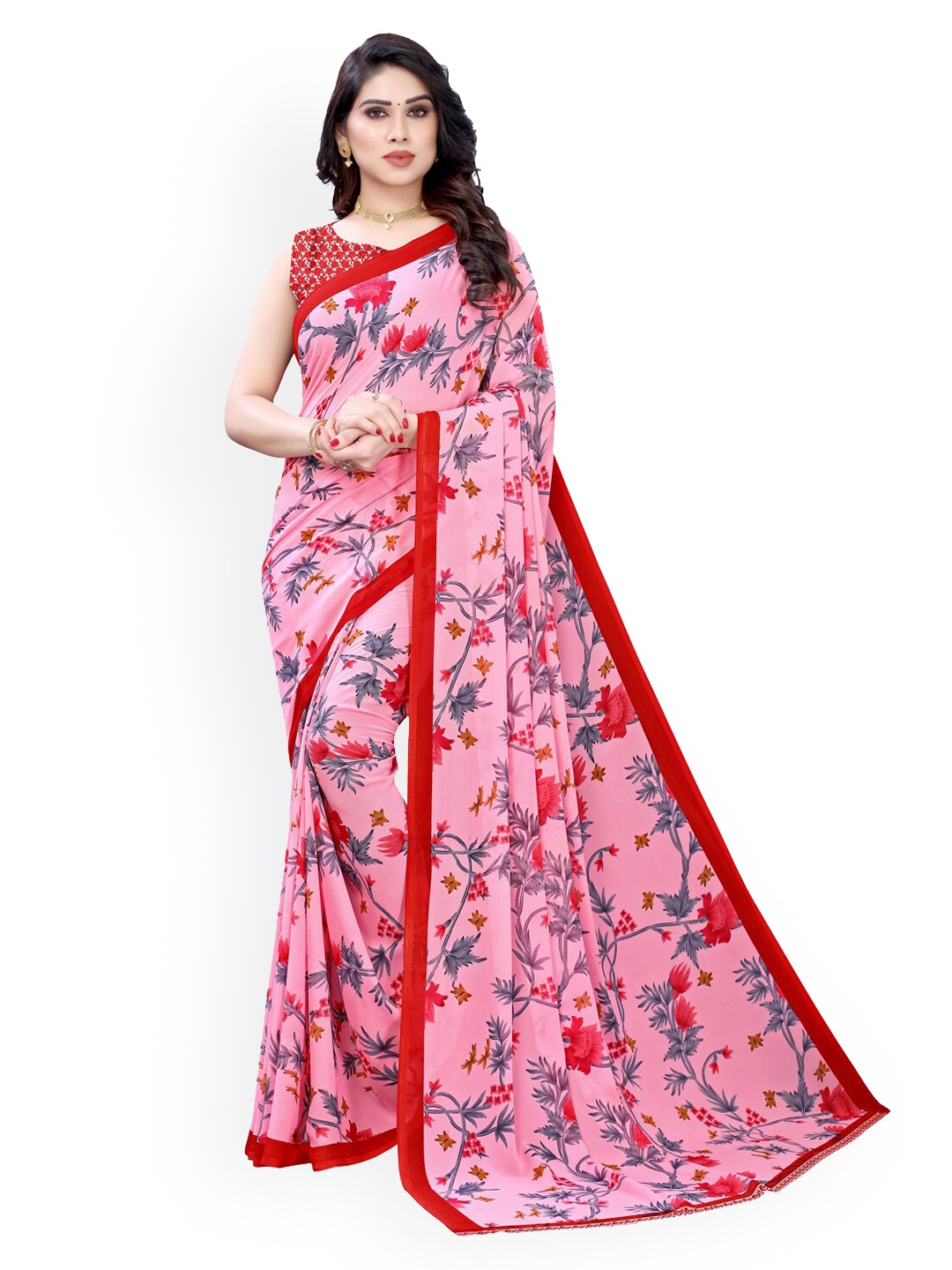 

KALINI Pink & Grey Pure Georgette Printed Saree