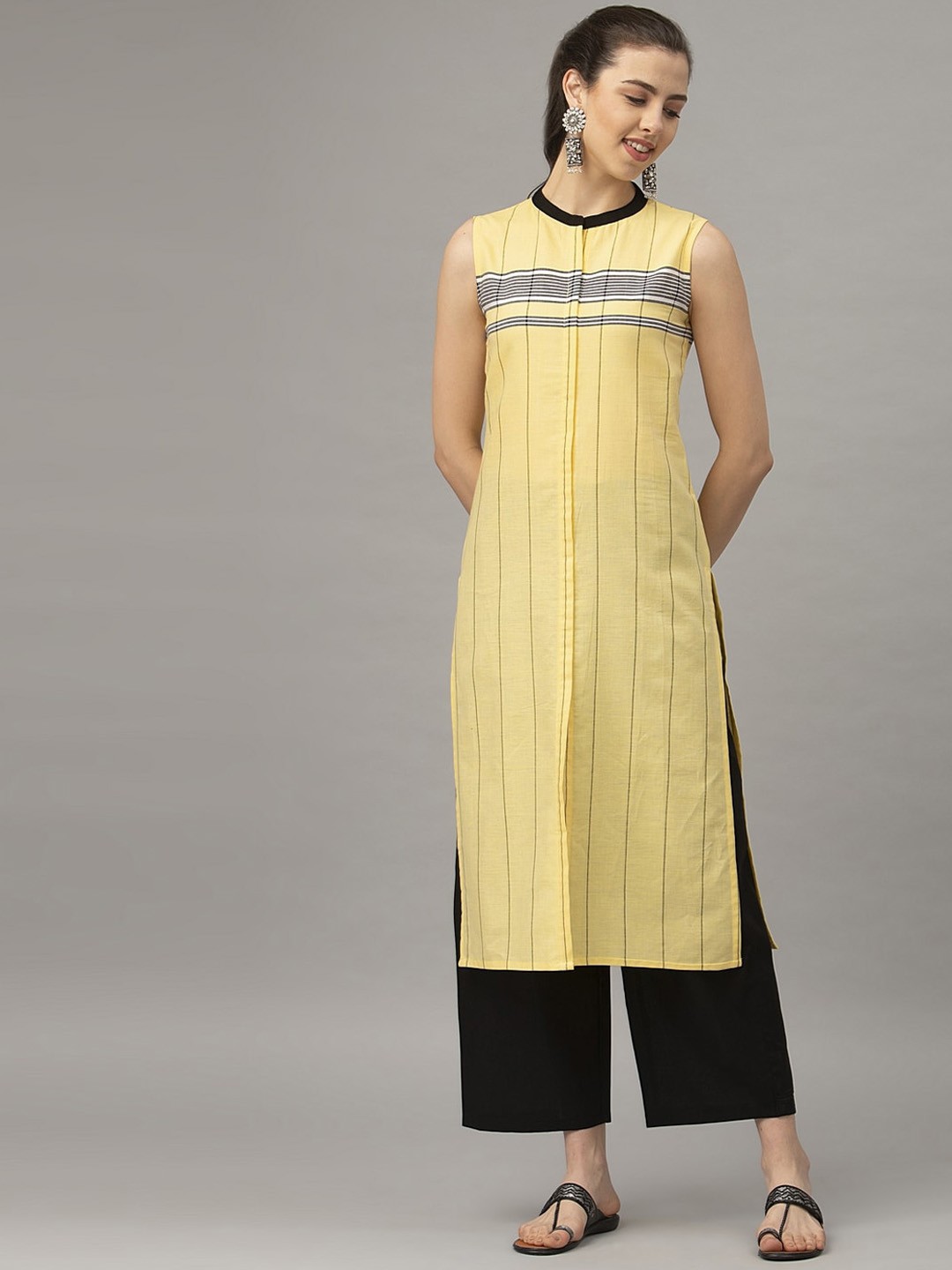 

SANISA Women Yellow Striped Cotton Kurta