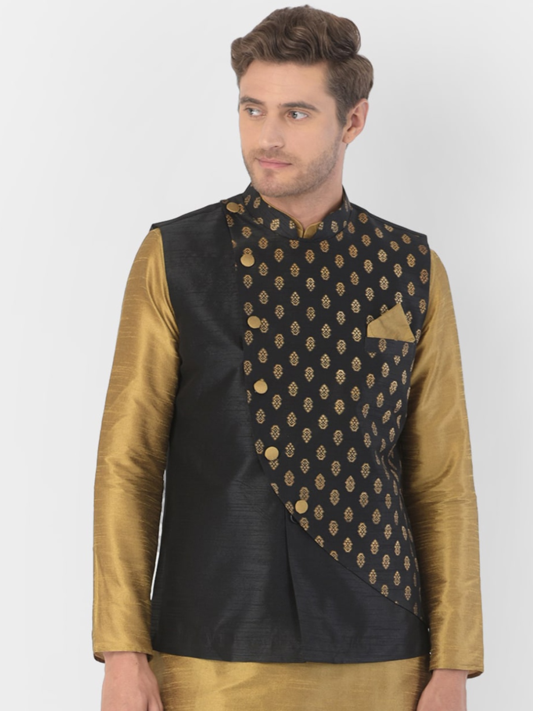 

DEYANN Men Black & Gold-Coloured Printed Woven Nehru Jacket