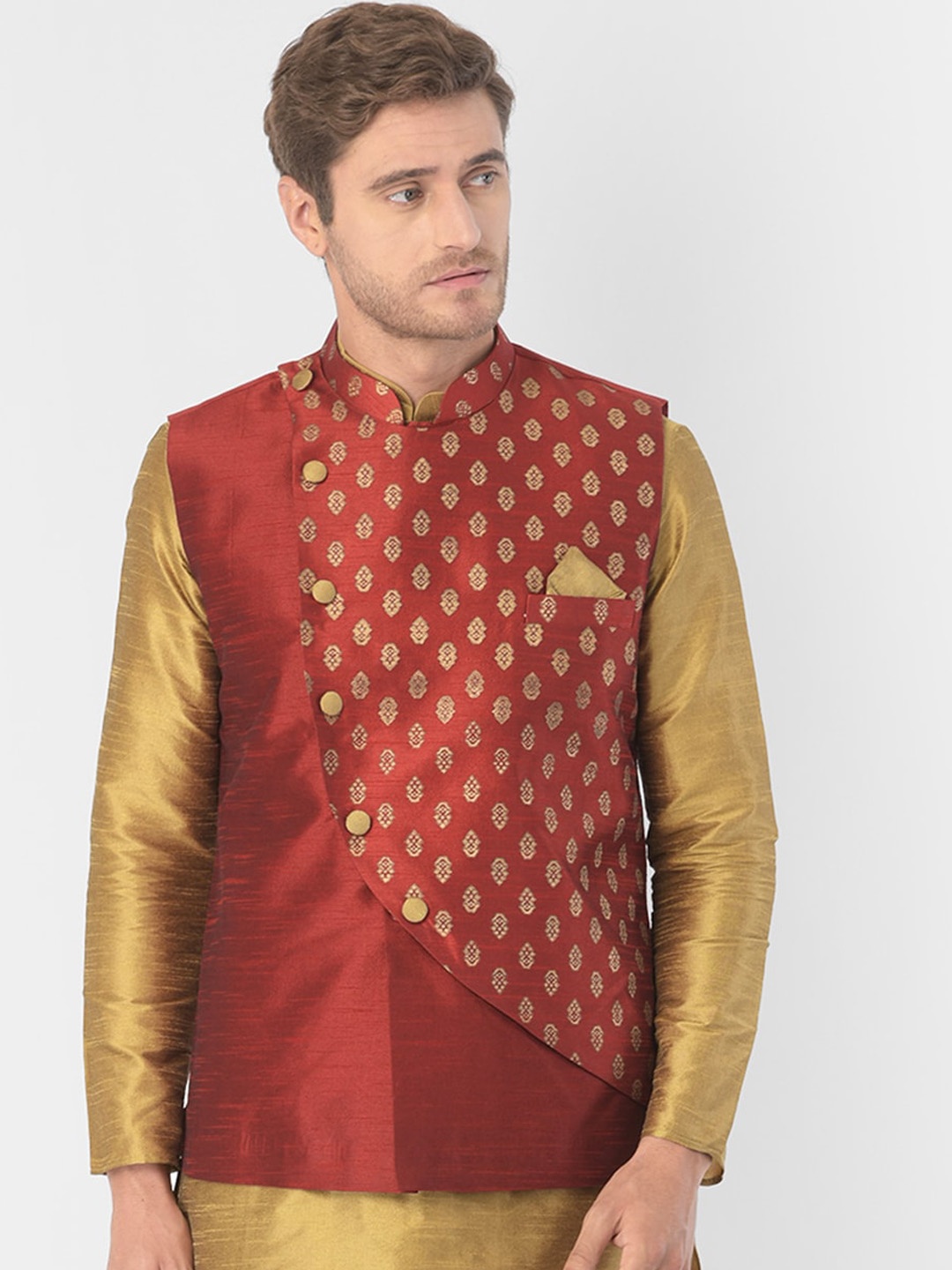

DEYANN Men Red & Gold-Coloured Printed Woven Nehru Jacket
