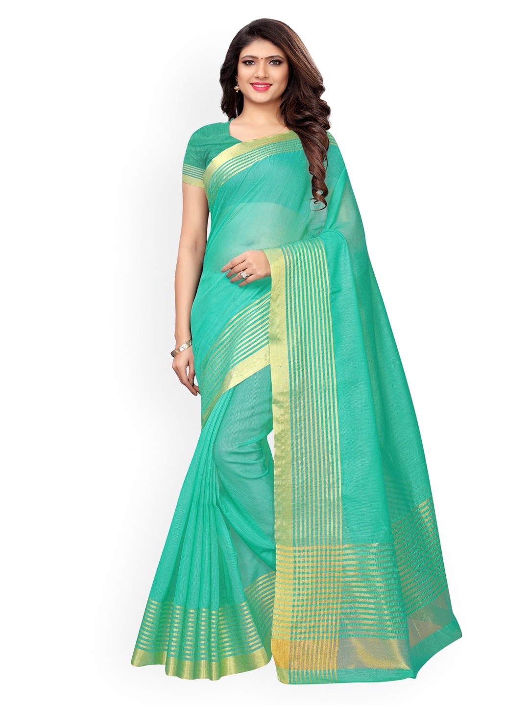 

KALINI Turquoise Blue Silk Blend Solid Kota Saree
