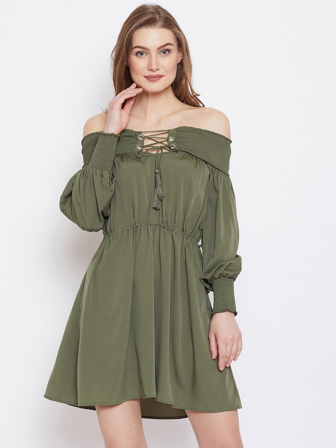 

PANIT Olive Green Off-Shoulder Crepe Drop-Waist Mini Dress