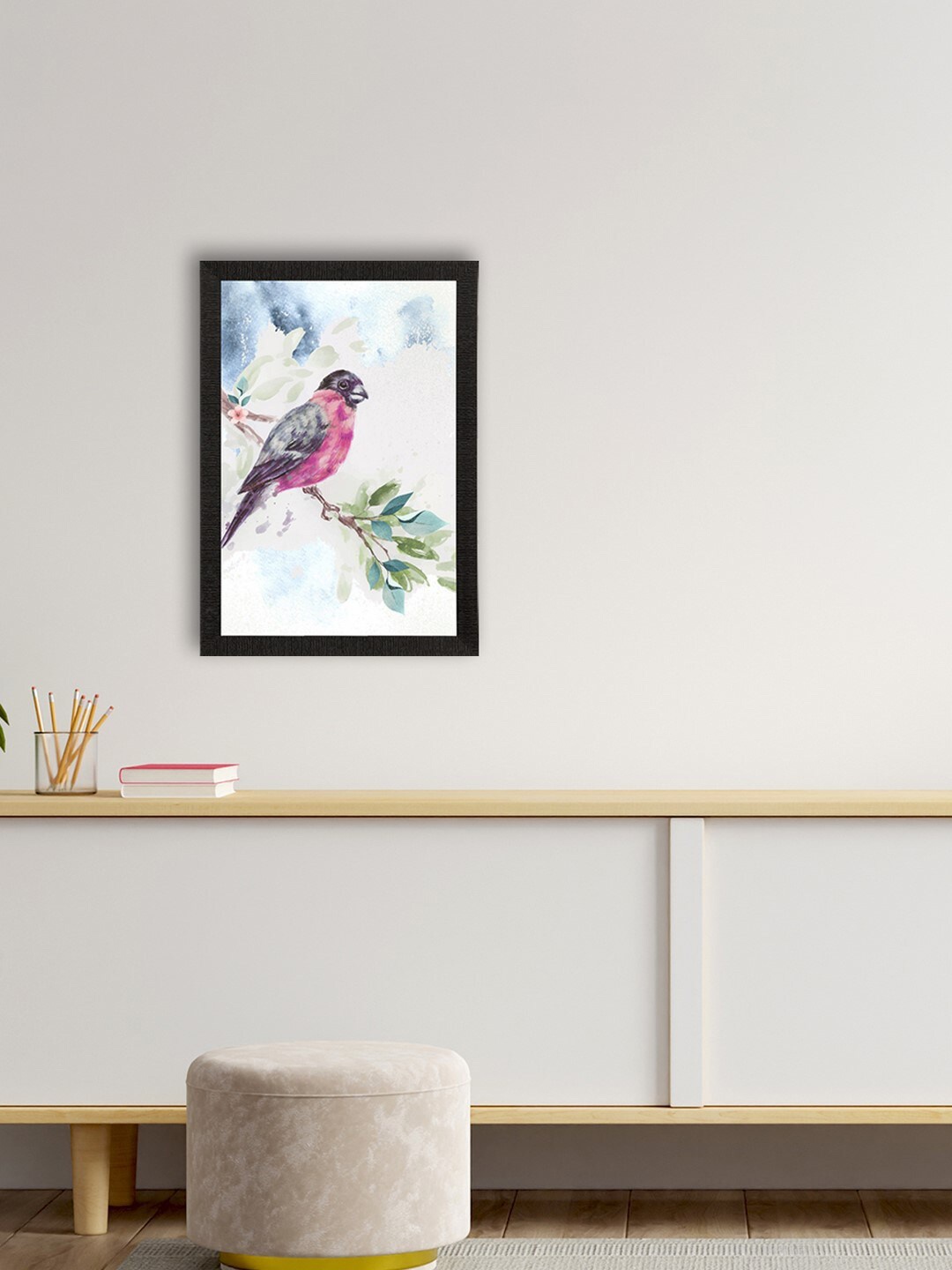 eCraftIndia Off-White & Pink Bird Satin Matte Texture UV Wall Painting