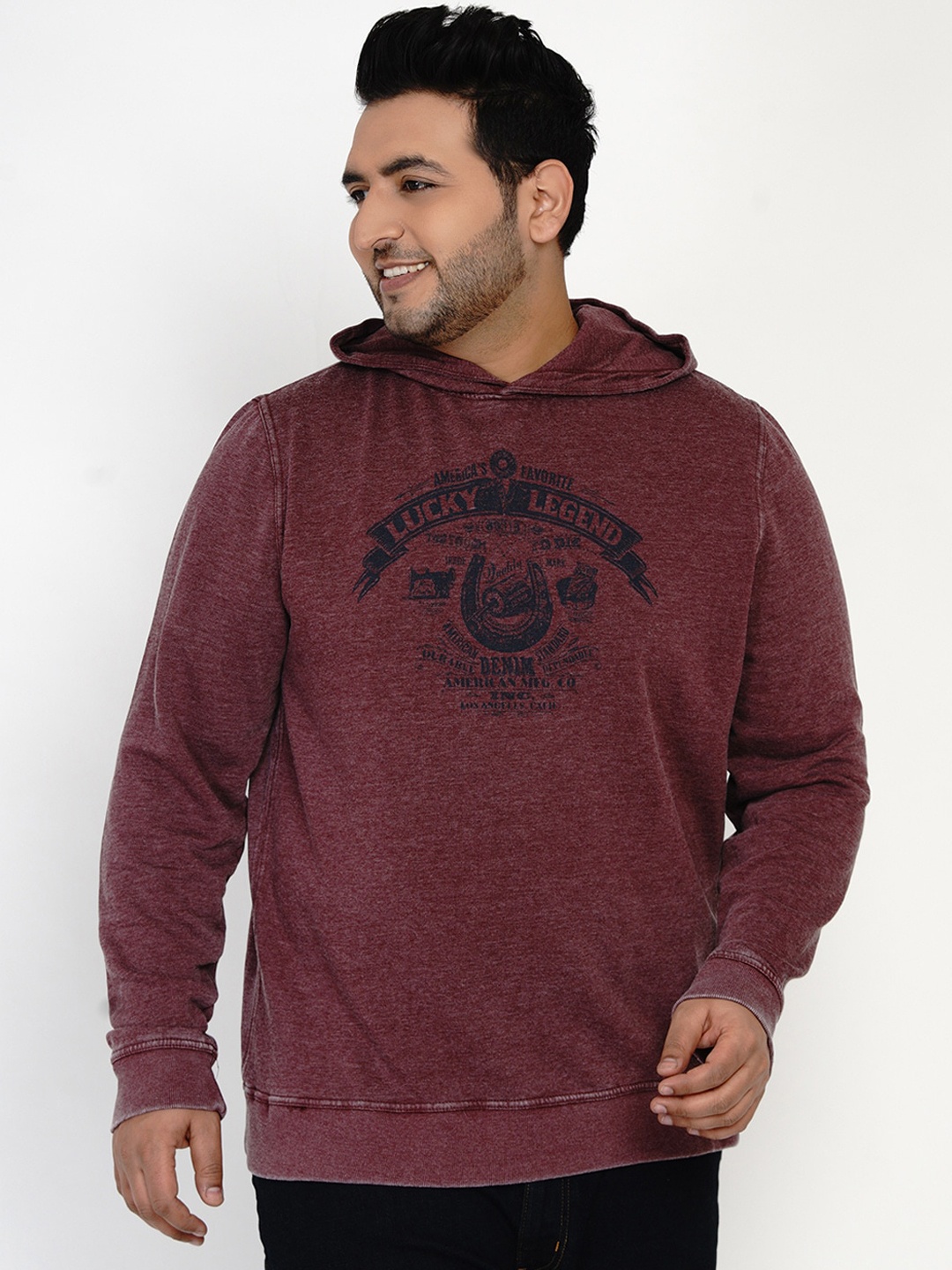 

Santonio Men Maroon & Black Cotton Printed Hooded Sweatshirt