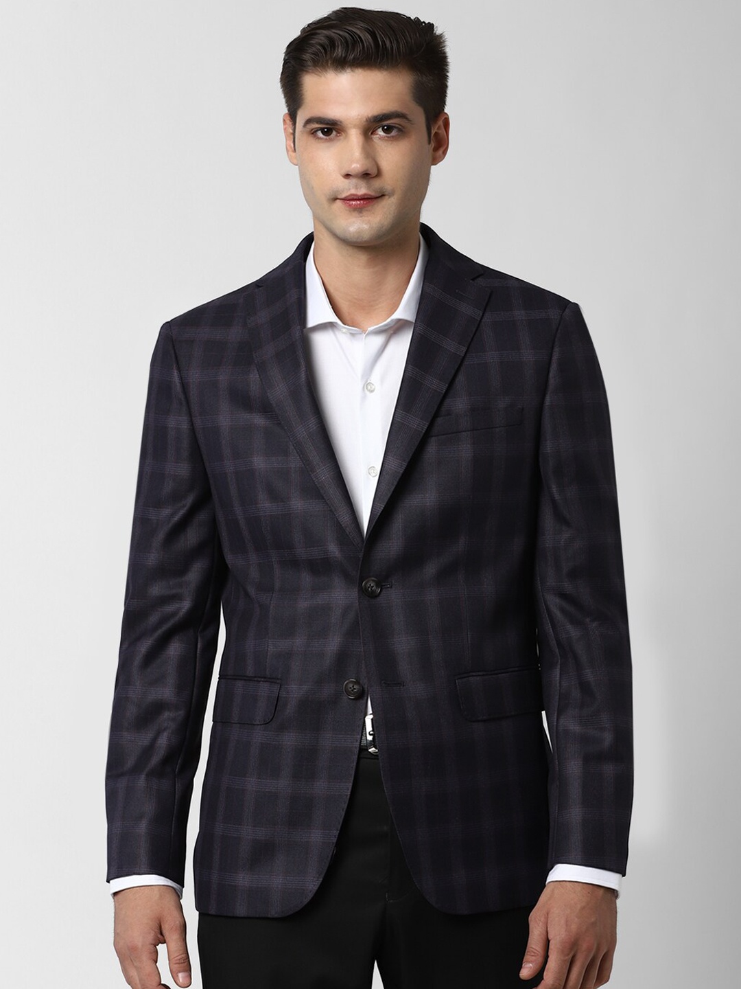 

Peter England Elite Men Grey & White Checked Slim-Fit Single-Breasted Formal Blazer