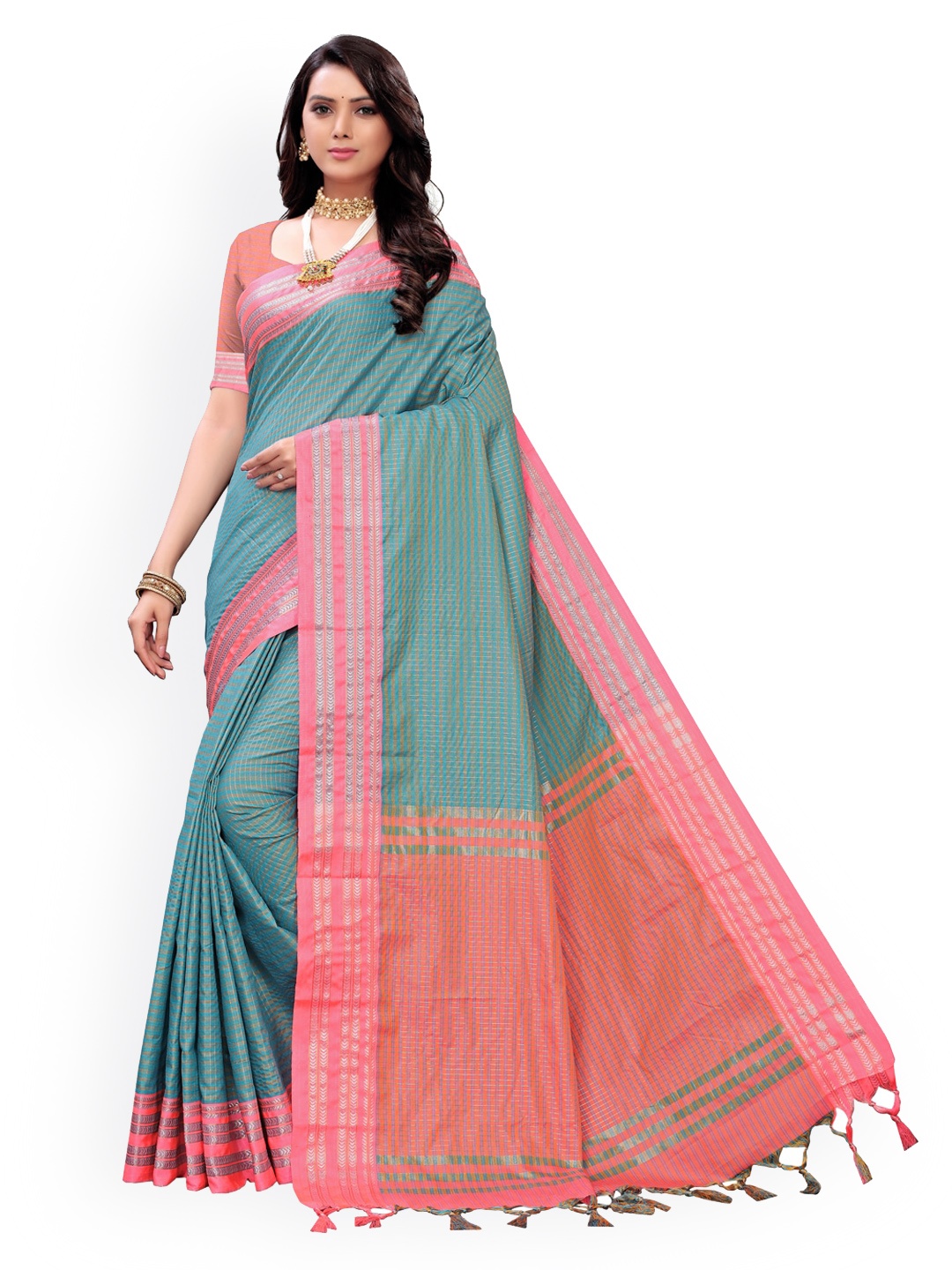 

KALINI Turquoise Blue & Peach-Coloured Poly Silk Woven Design Kanjeevaram Saree