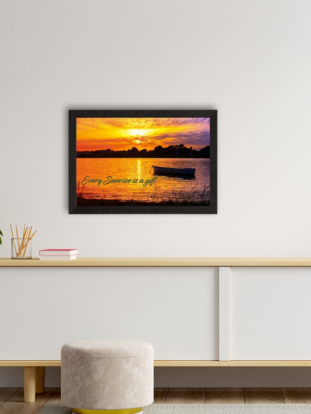 eCraftIndia Mustard Yellow & Black Sunrise River View Satin Matte Texture UV Wall Painting