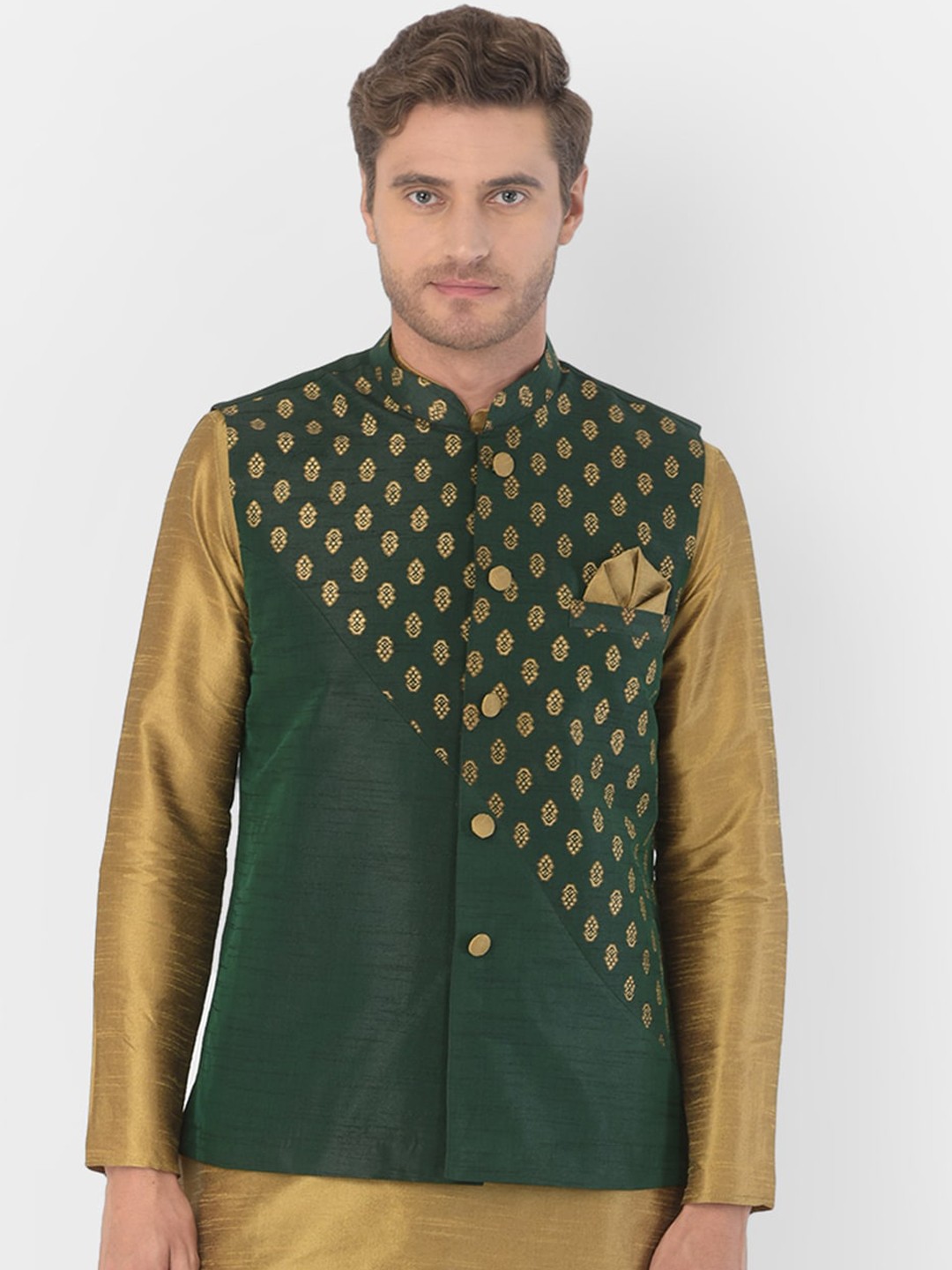 

DEYANN Men Green And Gold Colored Woven Design Nehru Jacket