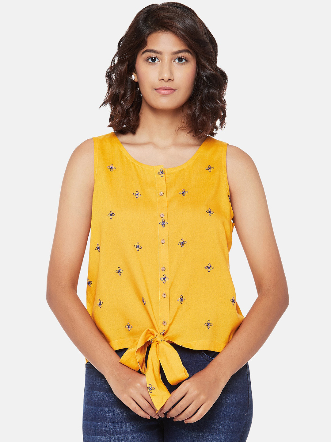 

People Yellow Printed Regular Top