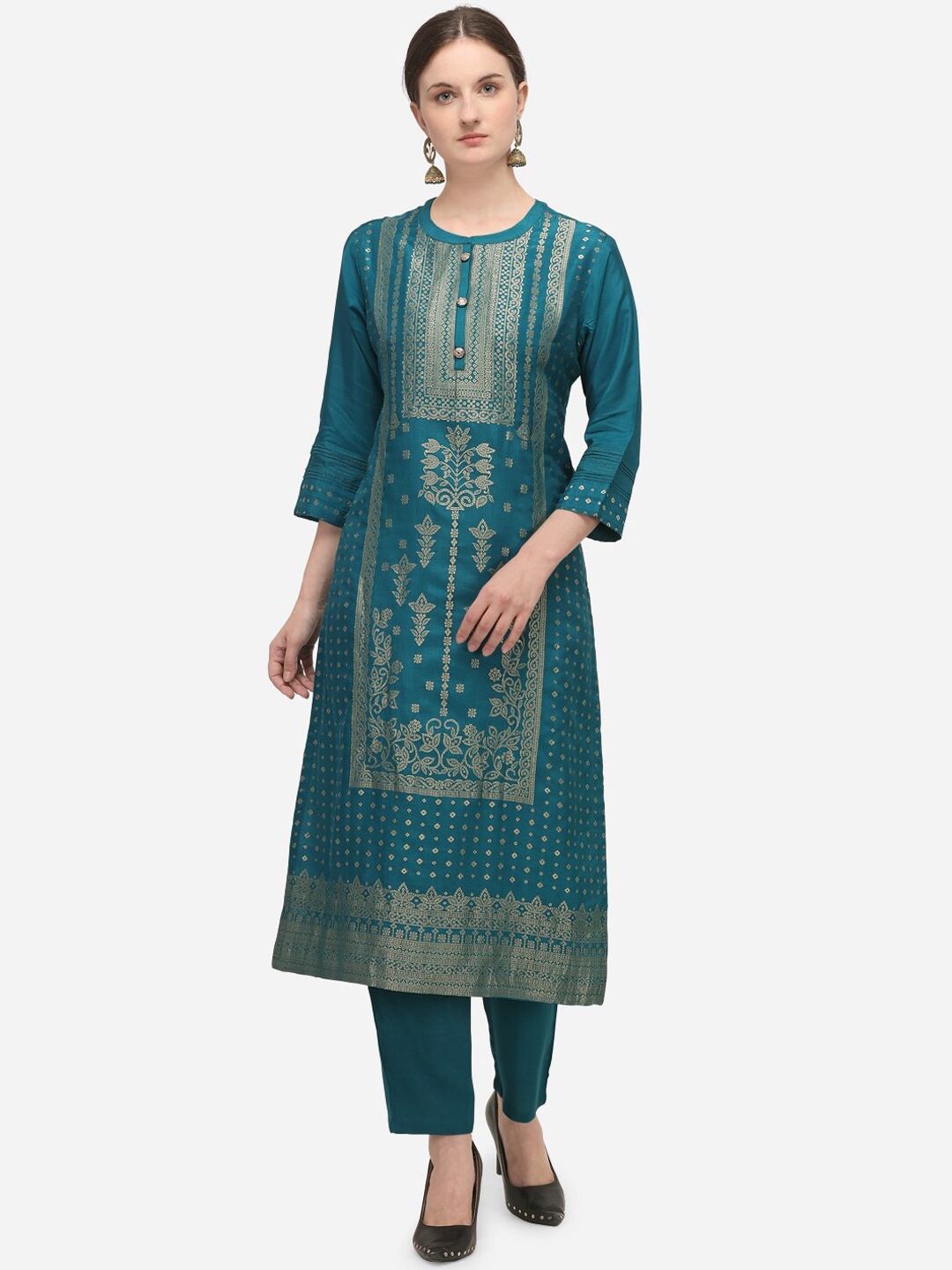 

Seerat Women Teal Woven Design Jacquard Bandhani Kurta with Palazzos