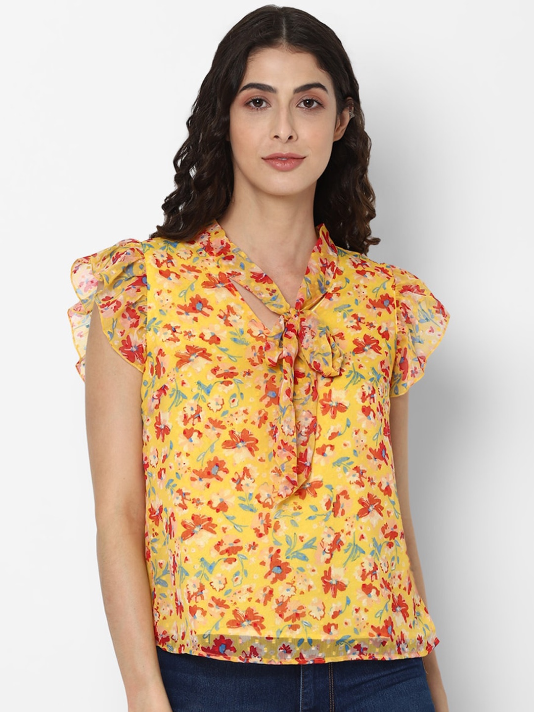 

Allen Solly Woman Yellow & Red Floral Tie-Up Neck Blouson Top