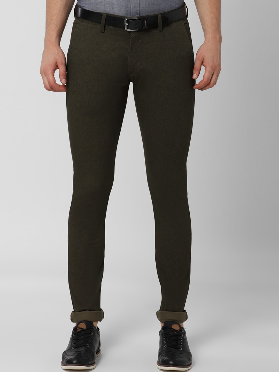 

Peter England Casuals Men Olive Green Skinny Fit Self Design Regular Trousers