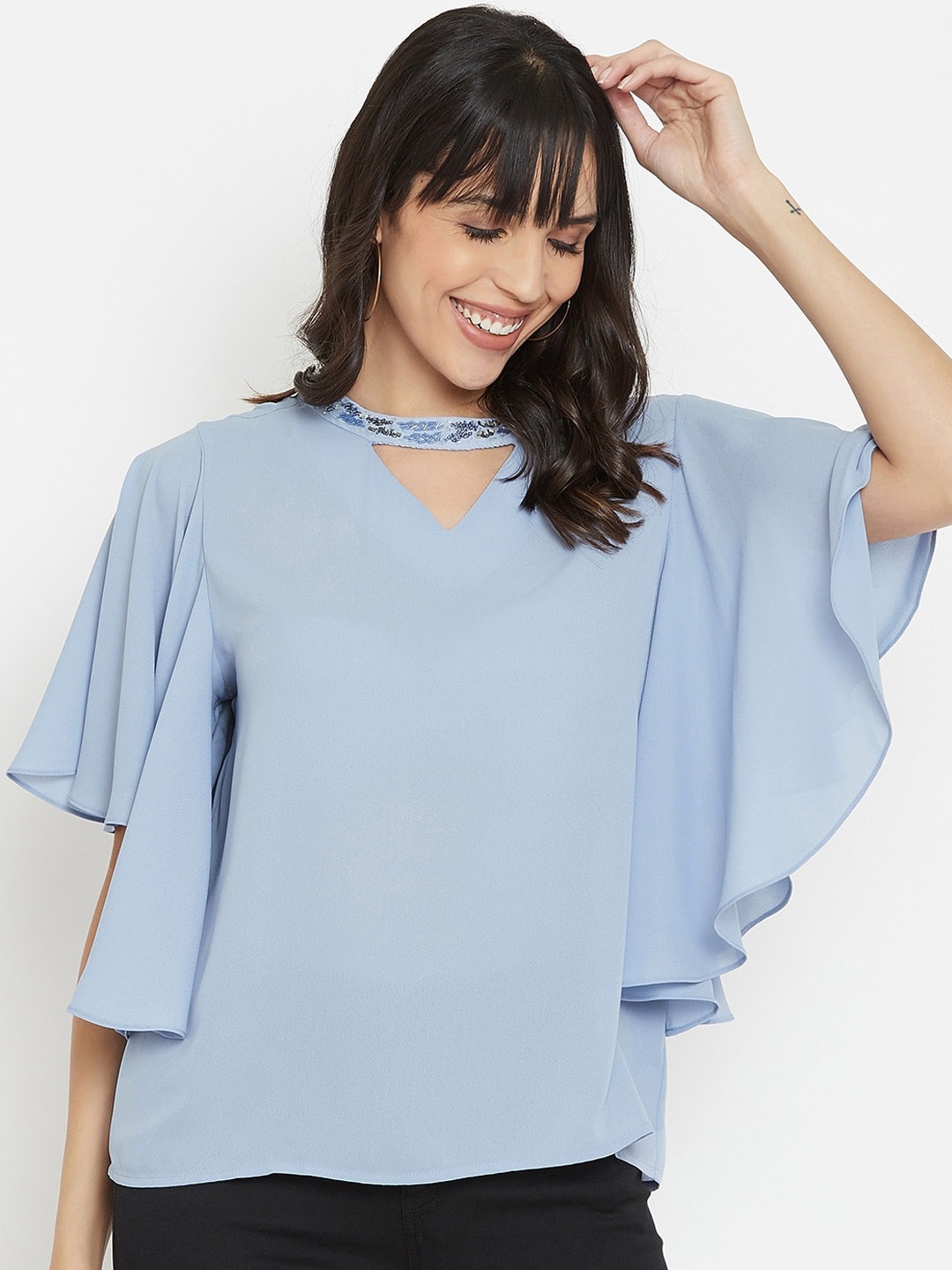 

Madame Blue Choker Neck Regular Top