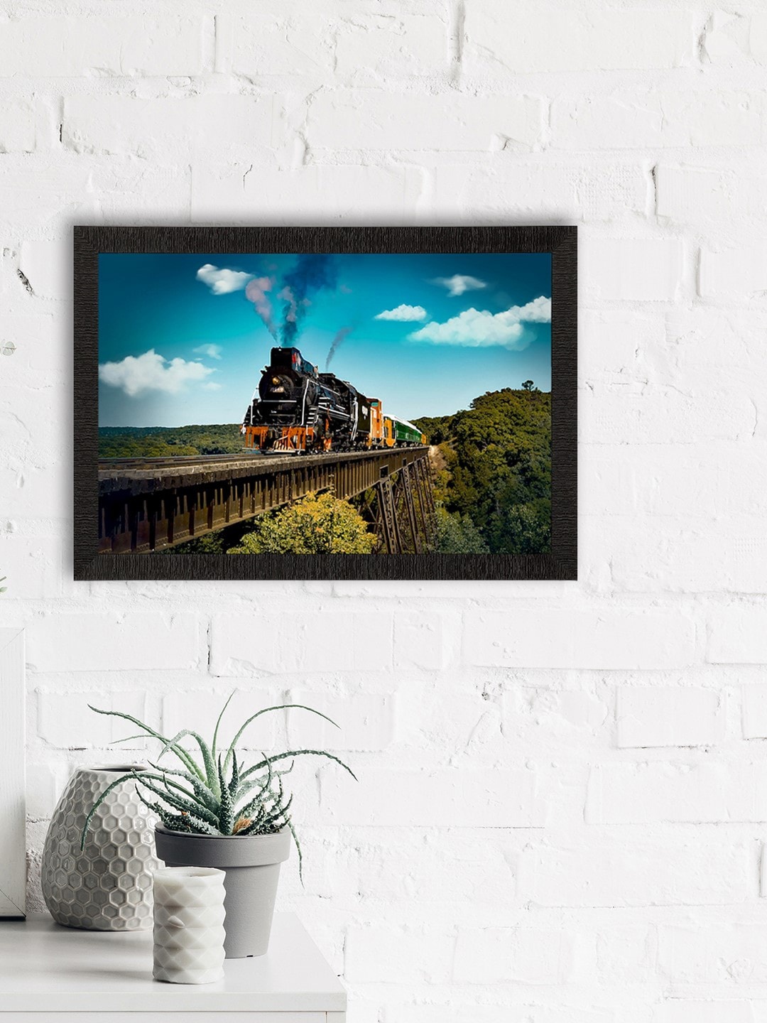 

eCraftIndia Blue & Green Train Over Bridge View Satin Matte Texture UV Wall Painting
