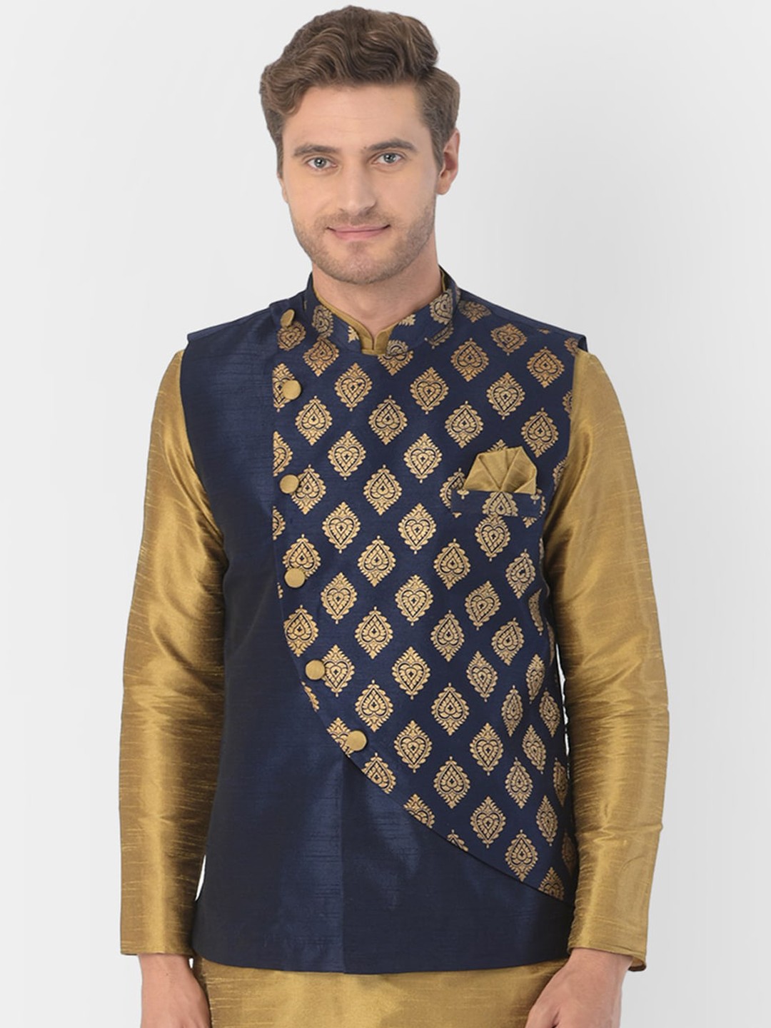

DEYANN PLUS Men Navy Blue & Gold-Coloured Printed Woven Nehru Jacket