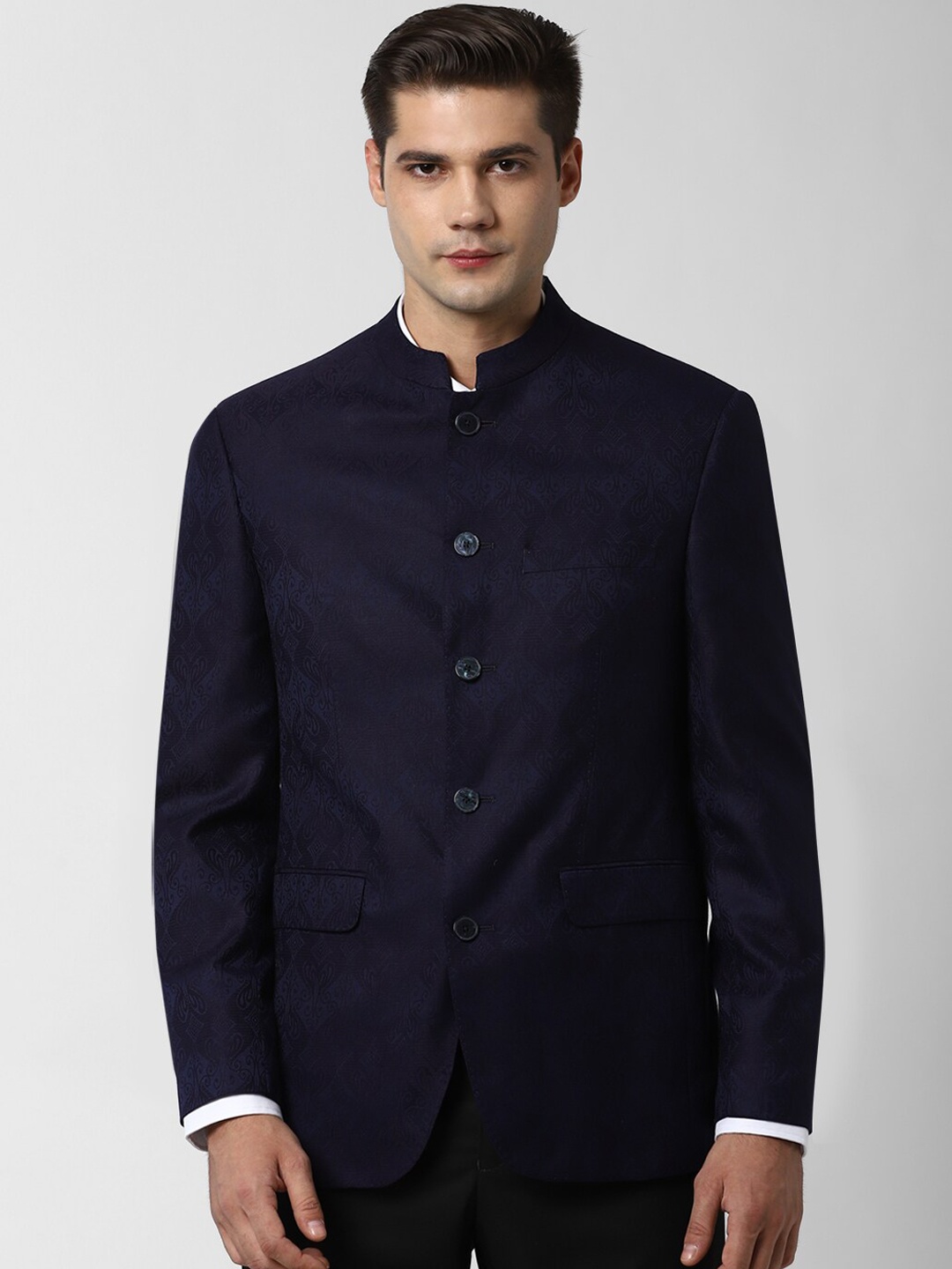 

Peter England Elite Men Navy Blue Self Design Slim-Fit Bandhgala Formal Blazer
