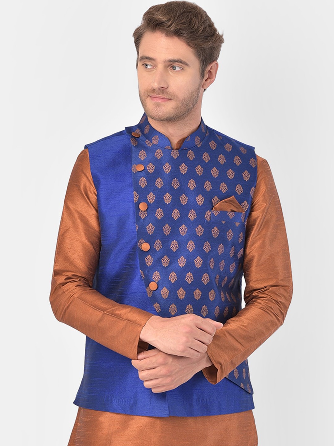 

DEYANN Men Blue & Brown Printed Woven Nehru Jacket