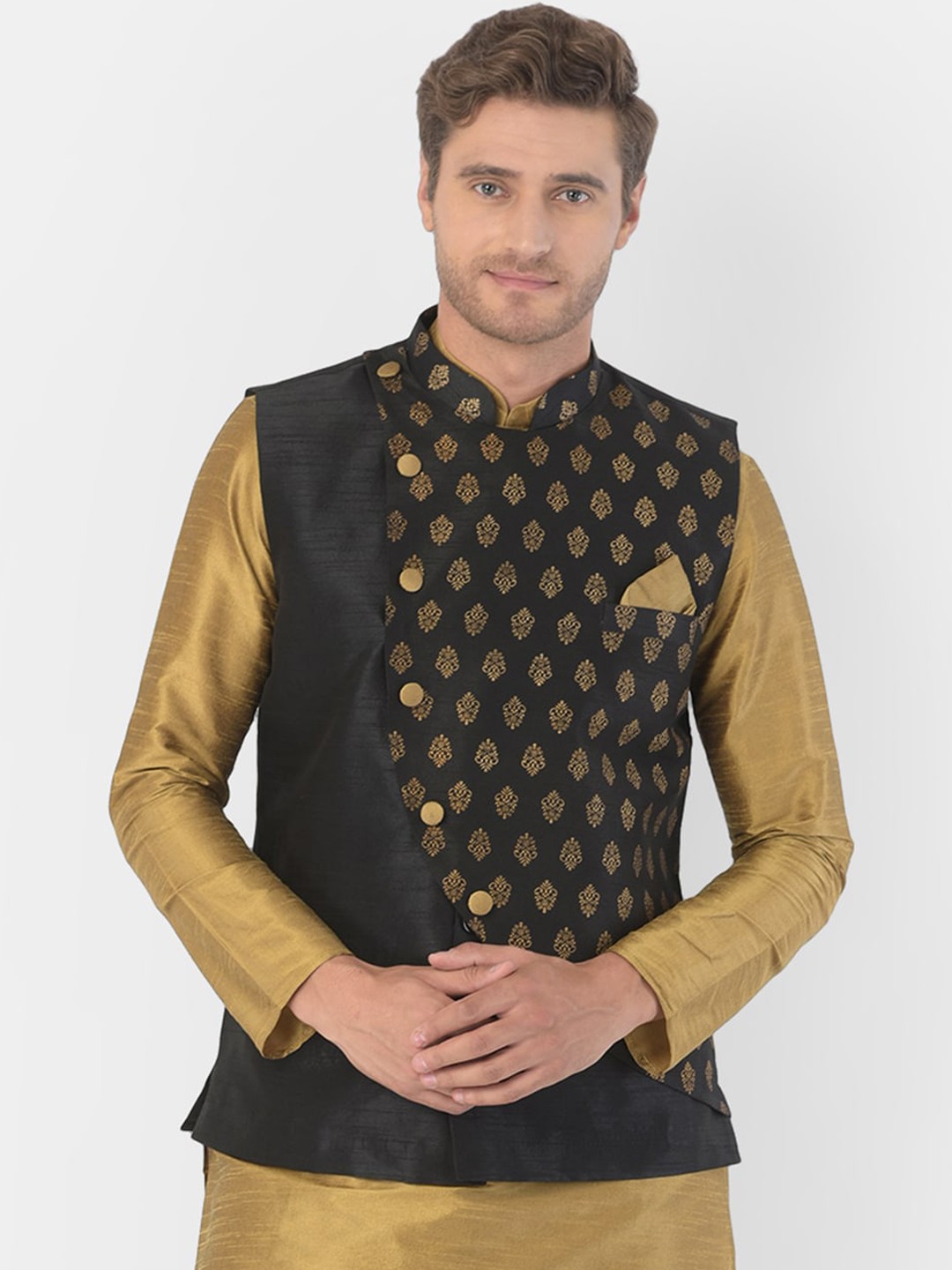 

DEYANN Men Black & Gold-Coloured Woven Design Nehru Jacket